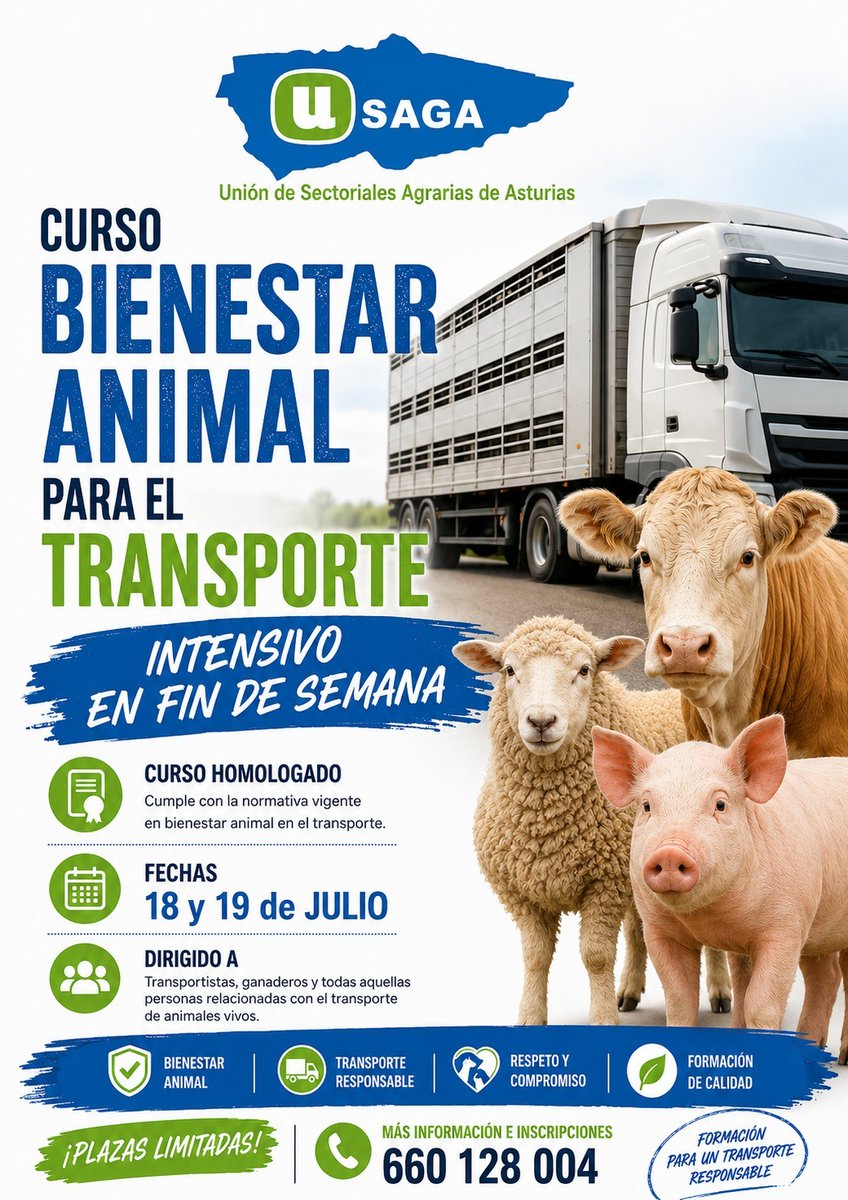 UniondeUniones's tweet photo. 🚛🐄 ¿Trabajas en el transporte de animales vivos?

USAGA organiza un Curso de Bienestar Animal para el Transporte, homologado y adaptado a la normativa vigente.

📅 18 y 19 de julio
📞 Inscripciones: 660 128 004
¡Plazas limitadas!

#Ganadería #BienestarAnimal #TransporteAnimal https://t.co/5PltUWnw0t