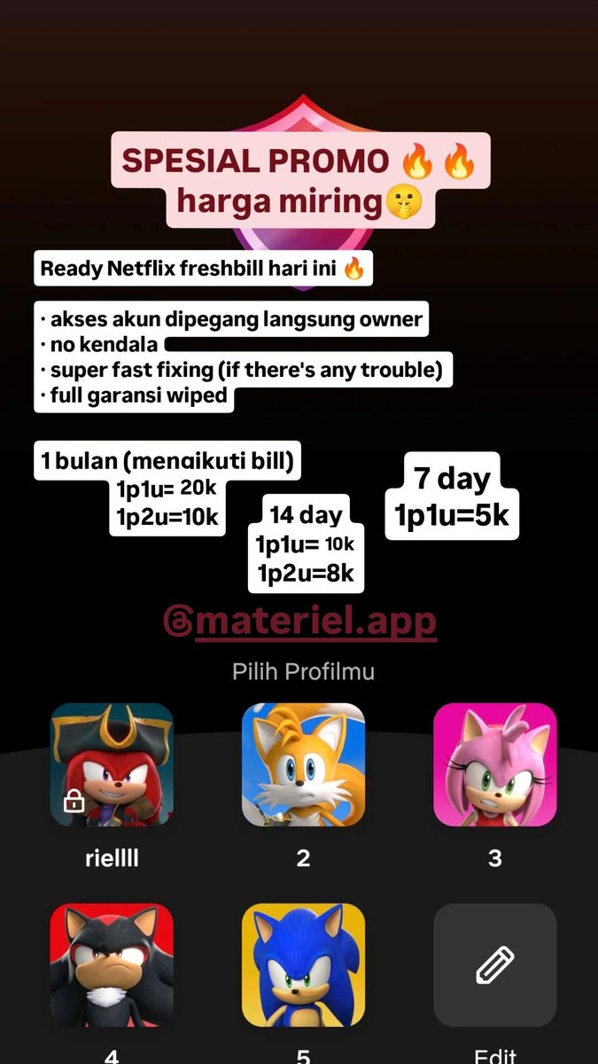piercetheriel's tweet photo. #ZonaUang #wts #Netflix #wtb 
Netflix freshbill promo harga miring!! 
- anti trouble 
- akun on hand 
- garansi
- masih kosong 4 profil
- anti logout 

TESTIE CHECK IG @/materiel.app https://t.co/ezZak4rodo