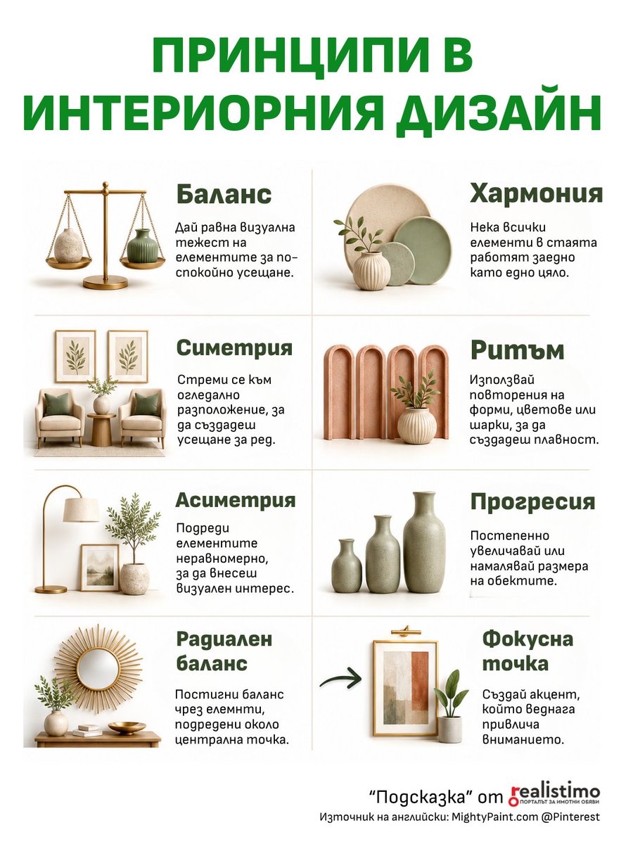realistimo's tweet photo. 🏡 Стаята ви не изглежда добре, въпреки че мебелите са хубави? Най-вероятно пропускате основните принципи на интериорния дизайн.

🎨 Баланс, хармония, ритъм, симетрия, асиметрия, прогресия, радиален баланс и фокусна точка.

🌿 Така има усещане за спокойствие, уют и хармония. https://t.co/I1NEqN7SYt