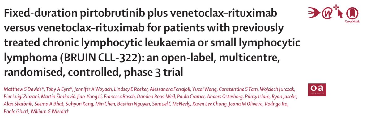 tobyeyre82's tweet photo. ▶️▶️BRUIN CLL322 RCT open access online in @TheLancet 
@DrMDavids et al
Marked PFS ⬆️ for PVR over VR in RR #CLL 
esp. seen post covBTKi resistance, TP53 mut. subgroups. 
Minimal added tox of PVR over VR 
New potential SoC option in RR CLL
#lymsm #CLL #pirtobrutinib #PVR https://t.co/wZLhrIvQ20