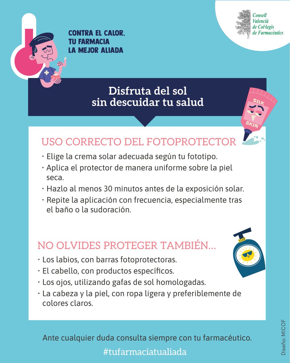 icofcastellon's tweet photo. ☀️La exposición solar prolongada puede causar daños y aumentar riesgos de problemas en la piel. Desde el #ICOFCS, junto con el @micofvlc y @COFAoficial, te contamos cómo protegerte.
🧑🏽⚕️Ante cualquier duda, acude a tu farmacéutico. ¡Cuida de ti y de los tuyos!
#TuFarmaciaTuAliada https://t.co/8ih2CQKKQV