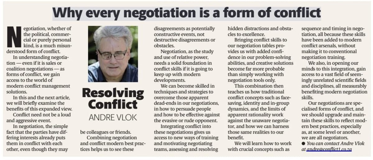 vlok_andre's tweet photo. In my weekly column in today's Herald newspaper, we look at the strategic benefits of combining conflict and negotiation skills ☕️📰 https://t.co/Vg5XOnyYsW