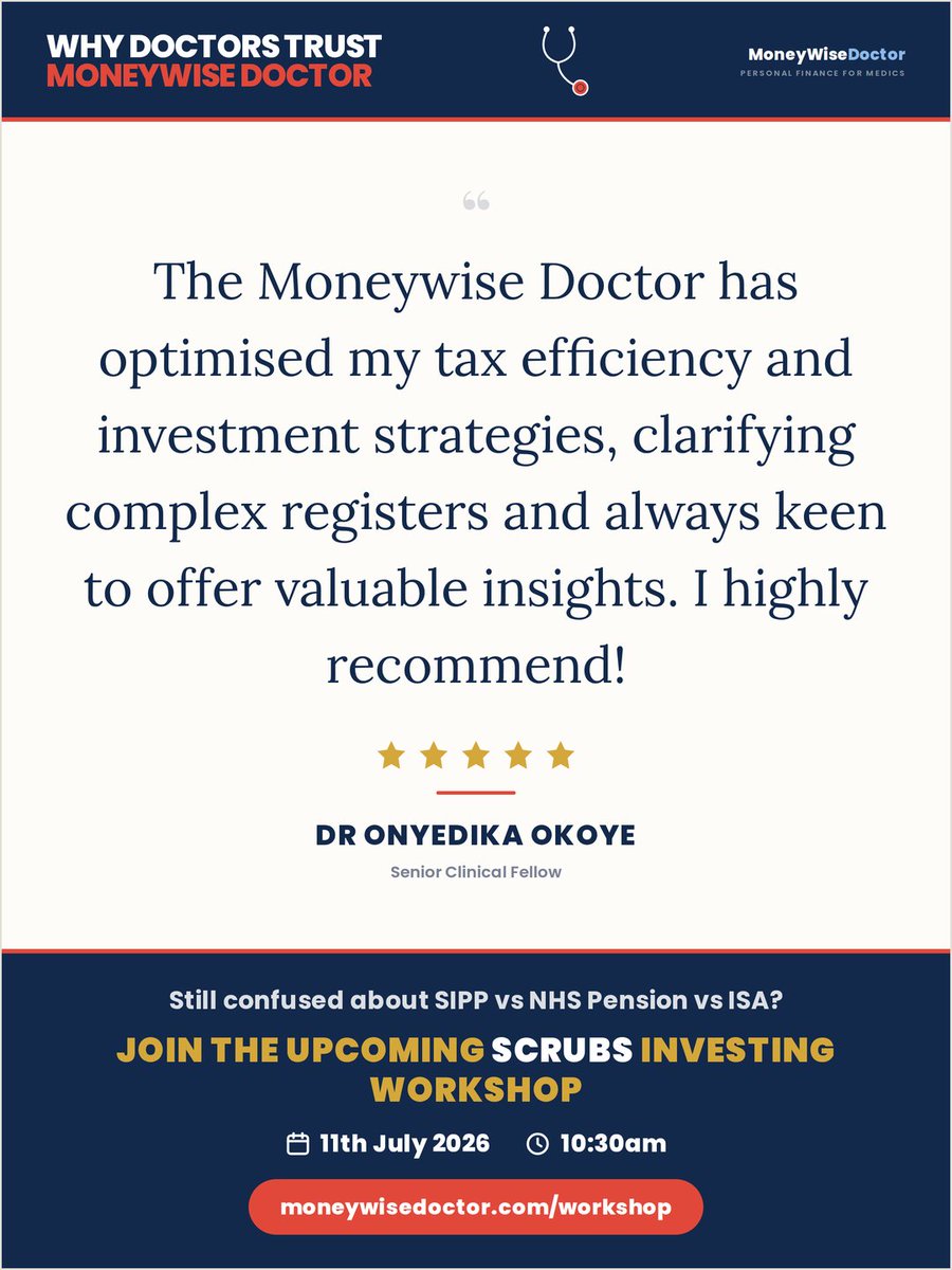 ndegwim's tweet photo. Comment "SCRUBS" to join the workshop 👇

And tell us below: what's one financial decision you'd love a second opinion on?

Tax efficiency and a clear investment strategy shouldn't be guesswork — especially for busy medics. 🩺

"The Moneywise Doctor has optimised my tax efficiency and investment strategies… clarifying complex concepts and always keen to offer valuable insights. I highly recommend!"
— Dr Onyedika Okoye, Senior Clinical Fellow ⭐⭐⭐⭐⭐

🩺 Still confused about SIPP vs NHS Pension vs ISA?
Join the upcoming SCRUBS Investing Workshop.

📅 11th July 2026  🕐 10:30am
👉 https://t.co/AQCBdCK5dQ

#MoneyWiseDoctor #PersonalFinanceForMedics #TaxEfficientInvesting #SIPP #NHSPension #ISA #SCRUBS #UKDoctors