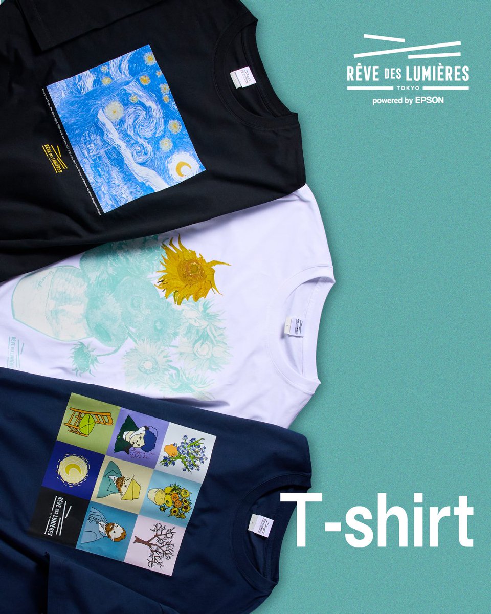 revedeslumieres's tweet photo. ｡:* 会場限定！オリジナルグッズ紹介.･ﾟ.ﾟ
⌇𝙏-𝙨𝙝𝙞𝙧𝙩𝙨

ゴッホの名画をモチーフにしたTシャツ👕
¥4,400(税込)

✼┈┈┈┈┈┈┈┈┈✼
ホワイト × ひまわり
ブラック × 星月夜 
ネイビー × 自画像 
✼┈┈┈┈┈┈┈┈┈✼

ご来場の記念にショップエリアでの
お買い物もお楽しみください🌙

＃レーヴ光の夢