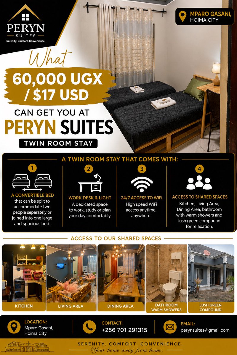 P_Katuramu's tweet photo. UGX 60,000 ($17) gets you more than a room at Peryn Suites!
ποΈ Twin Room
π» Work desk
πΆ Free Wi-Fi
π½οΈ Shared kitchen, dining & lounge
πΏ Warm showers
πΏ Relaxing green compound
πMparo Gasani, Hoima
π+256701291315
#PerynSuites #Hoima #TravelUganda #StayInHoima #BudgetTravel https://t.co/E54M1tGedX
