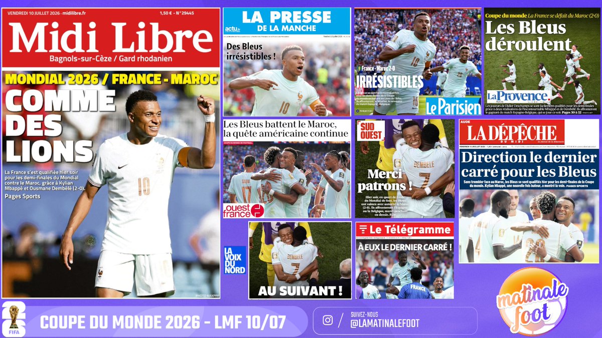 MatinaleFoot's tweet photo. Live à 9h30, nous sommes en 1/2 @equipedefrance 🔥#WC2026  
Le gros débrief #MARFRA
Où s'arrêteront ils?
Revue de presse
Maintenant, place aux autres!
Update mercato
Le prono
#mbappé #dembele
https://t.co/mdoaW9DXOZ https://t.co/76bAwcbNqR