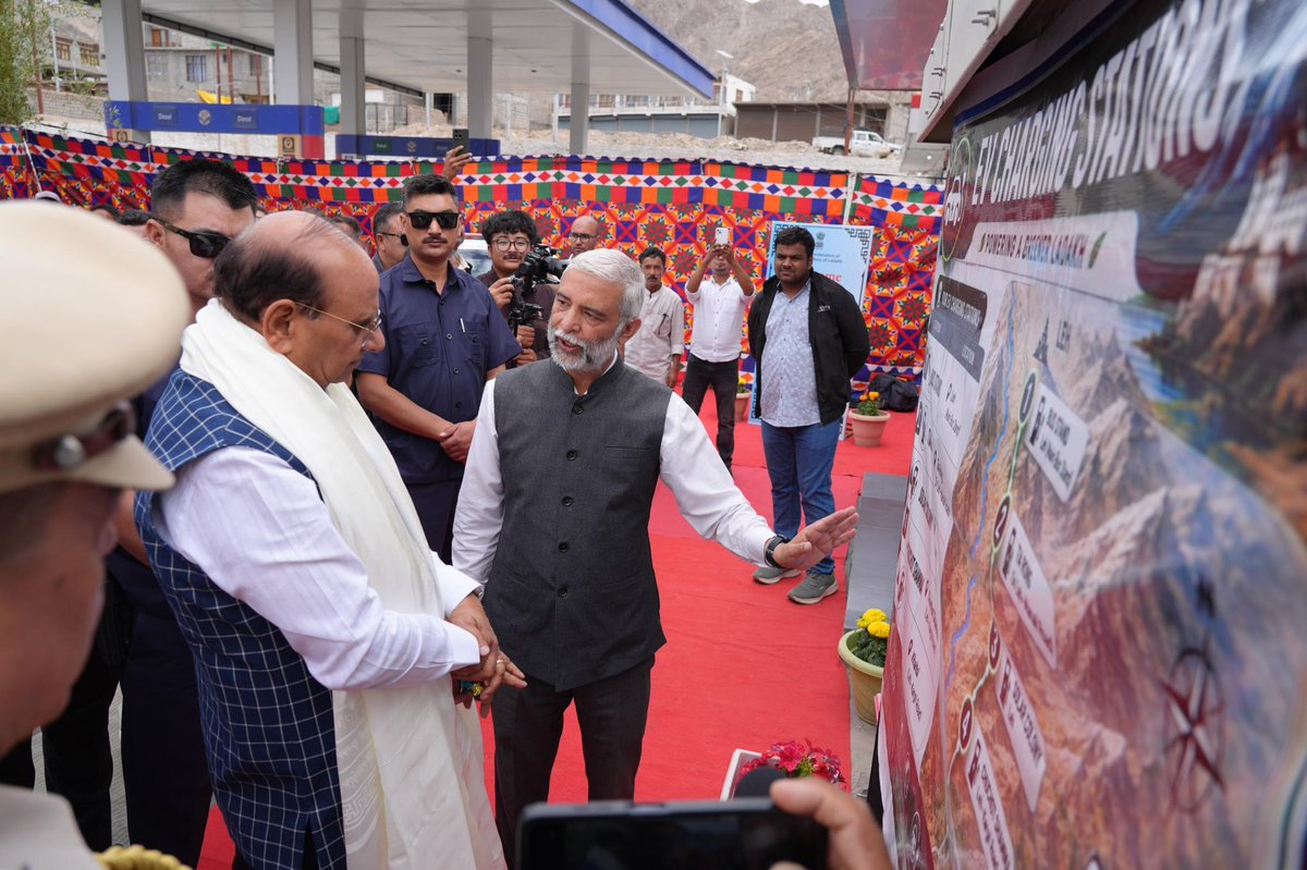 lg_ladakh's tweet photo. Inaugurated five Electric Vehicle (EV) Charging Stations; the first such EV charging infrastructure in Ladakh, marking a historic milestone in our journey towards clean energy, sustainable mobility, and protection of our fragile Himalayan ecosystem.

Located at Main Bus Stand Leh, Tia Rong, Solar Colony, Chuchot Shamma, and Khaltsi, these charging stations are equipped with fast charging technology, enabling EVs to charge up to 80% in less than one hour. 

Aligned with the Hon’ble Prime Minister Shri @narendramodi ji’s vision of Carbon Neutral Ladakh, this initiative reflects our unwavering commitment to reducing dependence on fossil fuels and safeguarding Ladakh’s pristine environment.

Together, these charging stations will form the foundation of a comprehensive EV charging network across Ladakh, facilitating the growing adoption of electric vehicles and protecting Ladakh’s fragile ecosystem.