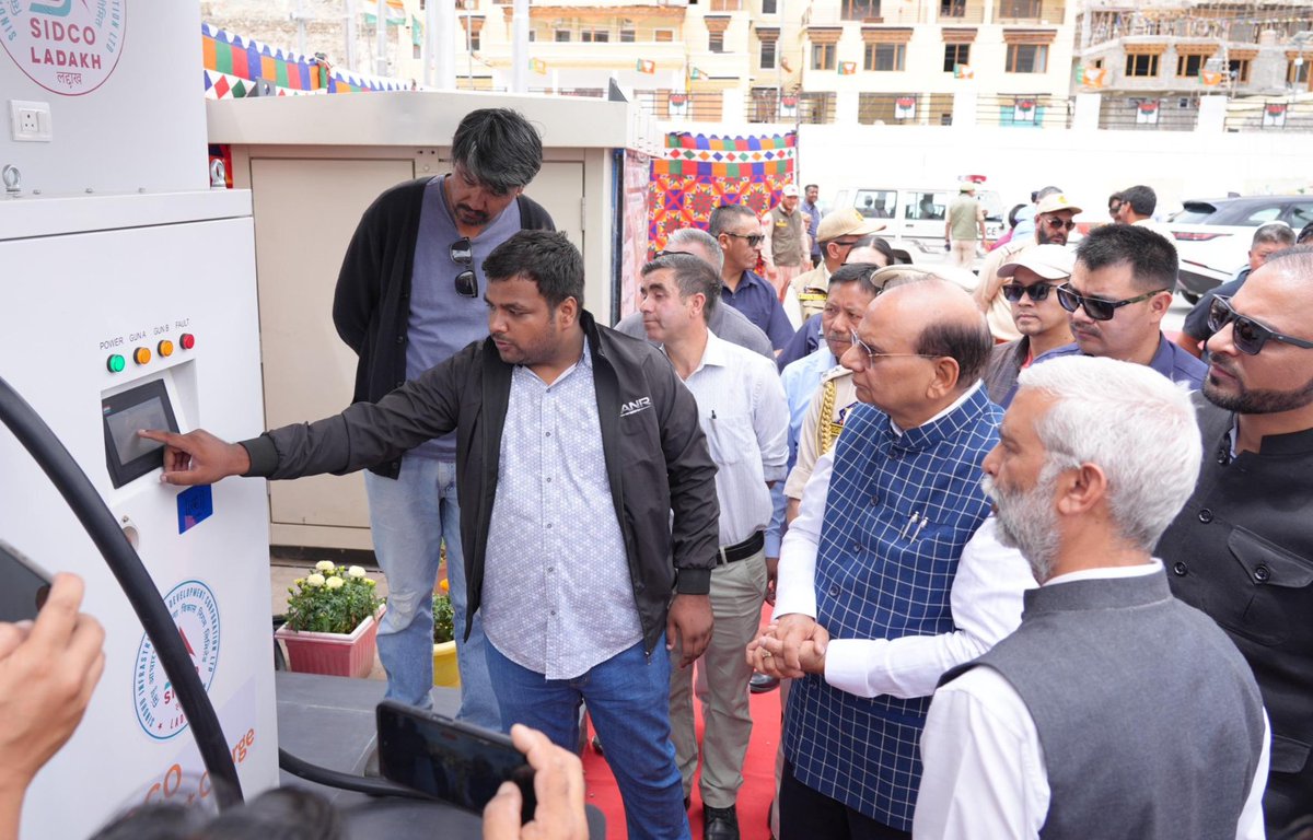 lg_ladakh's tweet photo. Inaugurated five Electric Vehicle (EV) Charging Stations; the first such EV charging infrastructure in Ladakh, marking a historic milestone in our journey towards clean energy, sustainable mobility, and protection of our fragile Himalayan ecosystem.

Located at Main Bus Stand Leh, Tia Rong, Solar Colony, Chuchot Shamma, and Khaltsi, these charging stations are equipped with fast charging technology, enabling EVs to charge up to 80% in less than one hour. 

Aligned with the Hon’ble Prime Minister Shri @narendramodi ji’s vision of Carbon Neutral Ladakh, this initiative reflects our unwavering commitment to reducing dependence on fossil fuels and safeguarding Ladakh’s pristine environment.

Together, these charging stations will form the foundation of a comprehensive EV charging network across Ladakh, facilitating the growing adoption of electric vehicles and protecting Ladakh’s fragile ecosystem.