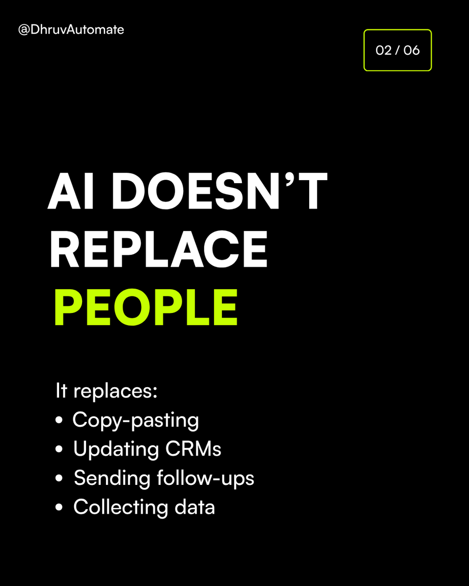 DhruvAutomate's tweet photo. AI isn't replacing people.

It's replacing work that probably shouldn't have been manual to begin with.

Most businesses don't need more AI.

They need fewer repetitive tasks, fewer bottlenecks, and better systems.
(1/2)...... https://t.co/fsgn681S0Z