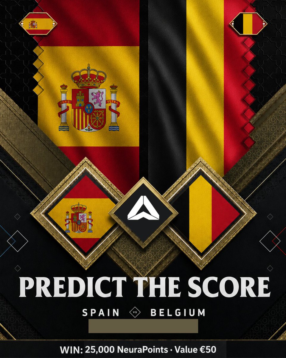 0xNitz's tweet photo. Predict the exact score: Spain vs Belgium.

One prediction per account. First 5 correct answers get 25,000 
NeuraPoints — platform credit worth roughly 50 NeuraLayer calls. Free.

Reply below. Kickoff 3 PM ET. https://t.co/1kJfBc1Mhf
