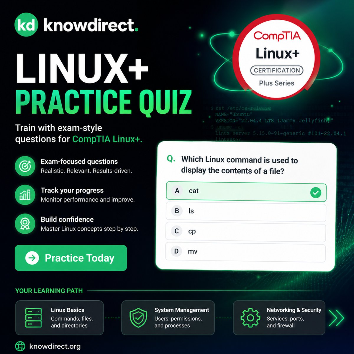 KnowDirect_'s tweet photo. Linux+ quiz:

Which command displays the contents of a file?

A. cat
B. ls
C. cp
D. mv
Practice exam-style Linux+ questions at https://t.co/qkGZnFYLNl
#LinuxPlus #CompTIA #Linux https://t.co/X30I0TIQcQ