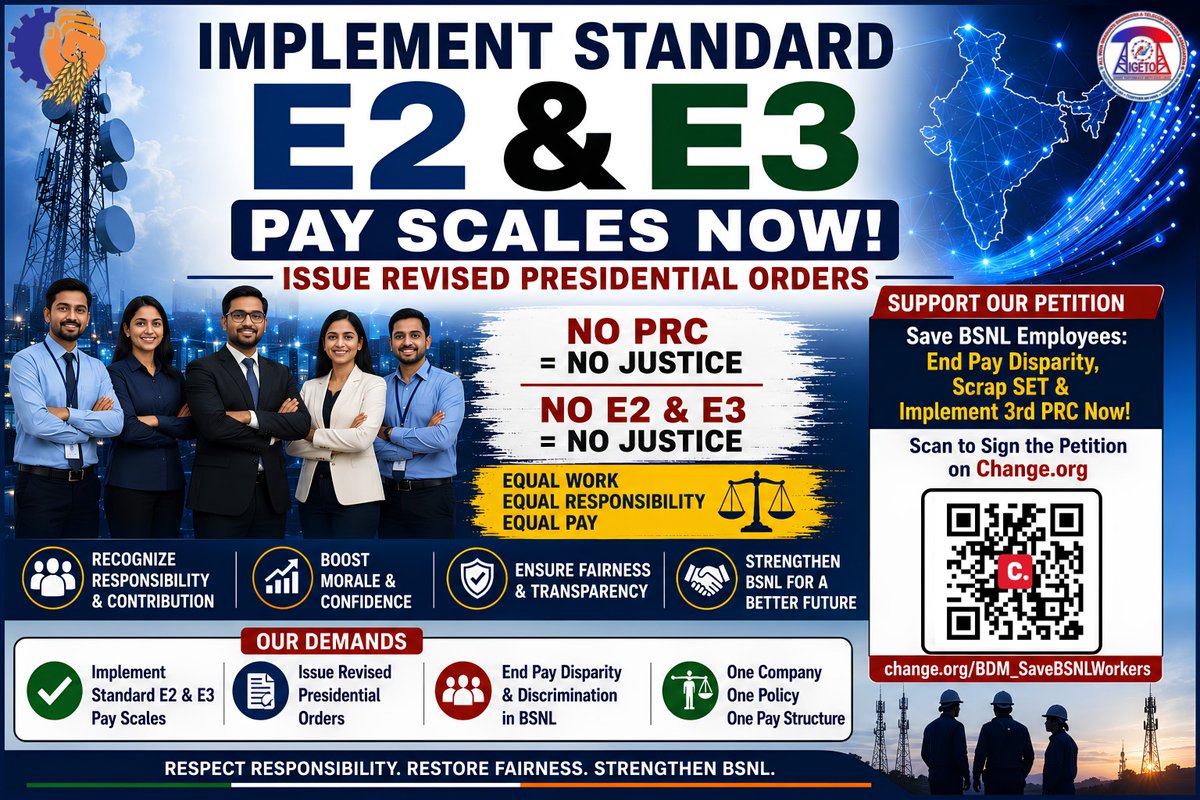 gmkumawat21's tweet photo. Every policy is ultimately measured by its impact on people. Standard E2 &amp; E3 Pay Scales will strengthen employee confidence and organizational commitment.

NO E2 &amp; E3 = NO JUSTICE ❌

@PMOIndia @JM_Scindia @DoT_India

#ImplementE2E3Scales #NoE2E3NoJustice https://t.co/2w2Sxy99ZG