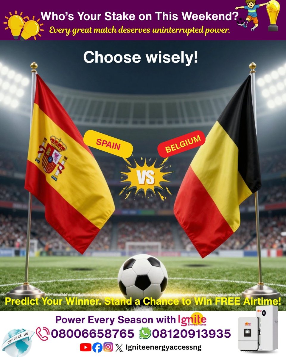 IgniteEnergyNG's tweet photo. Who's taking the win?
🇪🇸 Spain 🆚 🇧🇪 Belgium

💬 Drop your winner below!
🎁 The first 3 correct predictions stand a chance to win FREE airtime!

Entries close at 7:00 PM.
⚡ Stay powered with Ignite Energy Access.

#SpainVsBelgium #TGIF #WinFreeAirtime  #IgniteEnergyAccess https://t.co/A4nz0mckTj