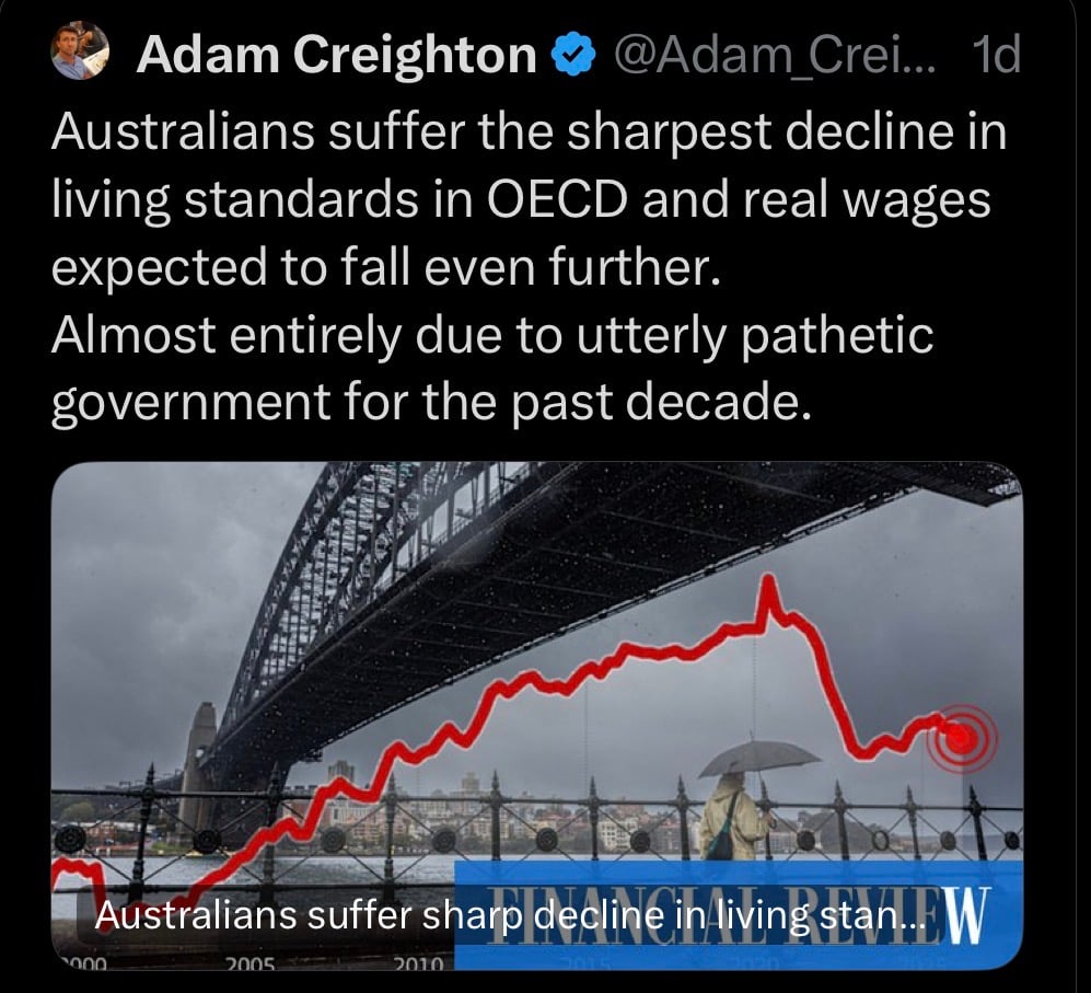 MRobertsQLD's tweet photo. Uniparty

Last decade means Liberal-Nationals government 2017-2022 - huge debt & inflation

And then Labor-Greens 2022-now increased debt and ongoing inflation

Uniparty Liberal-Labor driving high cost-of-living due to record electricity prices still rising,
driving record unaffordable house prices due to record MASS immigration,
driving higher interest rate due to government waste

End Uniparty policies: vote for a One Nation governmen made up o real everyday Australians serving Australia