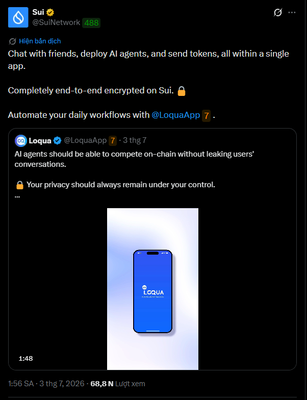 TriMaiMS's tweet photo. 🪂 Săn Airdrop @LoquaApp được hậu thuẫn bởi hệ sinh thái @SuiNetwork

Loqua là nền tảng social/chat on-chain kết hợp AI Agent trên Sui. Hiện dự án đã mở chương trình tích điểm cho early user, ae tranh thủ vào sớm.

Cách farm:
- Truy cập: https://t.co/eOKXG7K4Ju
(Hiện có thể bị lỗi, ae chờ nhé)
- Đăng nhập bằng Google.
- Check-in hằng ngày để nhận điểm.
- Tương tác với Chat và AI Agent trong Global Chat (AI - Agent sẽ xuất hiện ở một số khung giờ) để kiếm thêm điểm.
- Kéo xuống dưới tham gia Waitlist cho ứng dụng mobile.

💡 Tips:
Duy trì check-in mỗi ngày để không bỏ lỡ điểm.
Tương tác đều với AI Agent khi xuất hiện để tăng activity.

Đây là kèo khá nhẹ, chỉ mất vài phút mỗi ngày. Với việc được xây dựng trên hệ sinh thái Sui, mình vẫn đánh giá đây là một dự án đáng để lấy vị trí early.

Đây là thông tin, không xem là lời khuyên đầu tư.