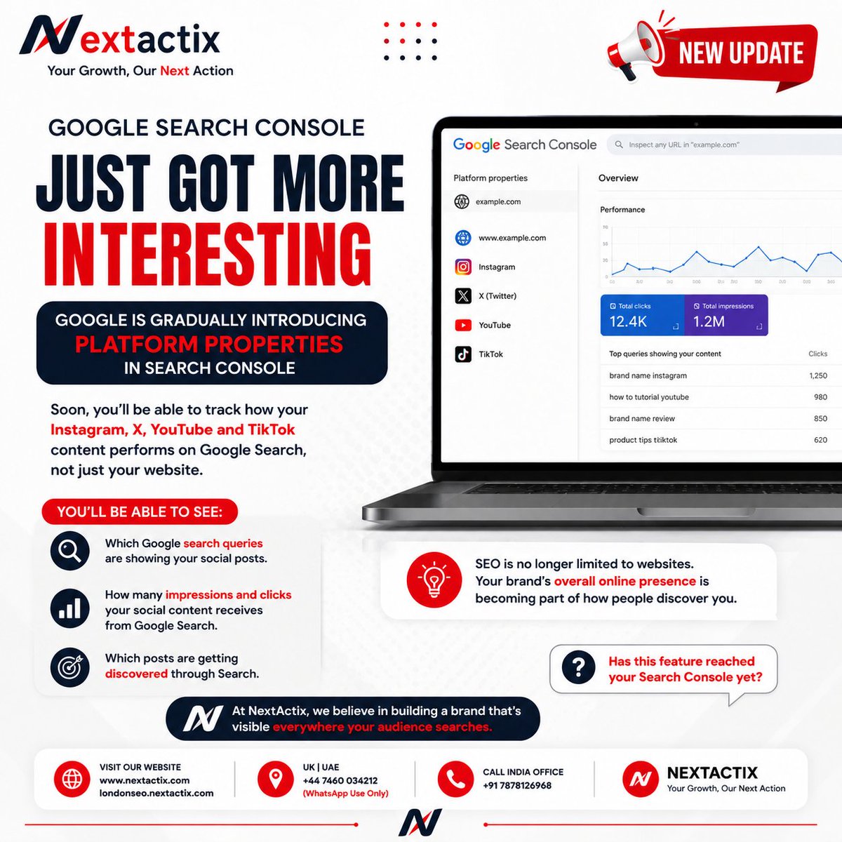 Nextactix_SEO's tweet photo. 🚨 Google Search Console is evolving.

Google has started rolling out Platform Properties in Search Console, allowing businesses and creators to understand how their social content performs in Google Search—not just their website.

#GoogleSearchConsole #GoogleUpdate #SEO #AISEO https://t.co/VWxASGyRQ6