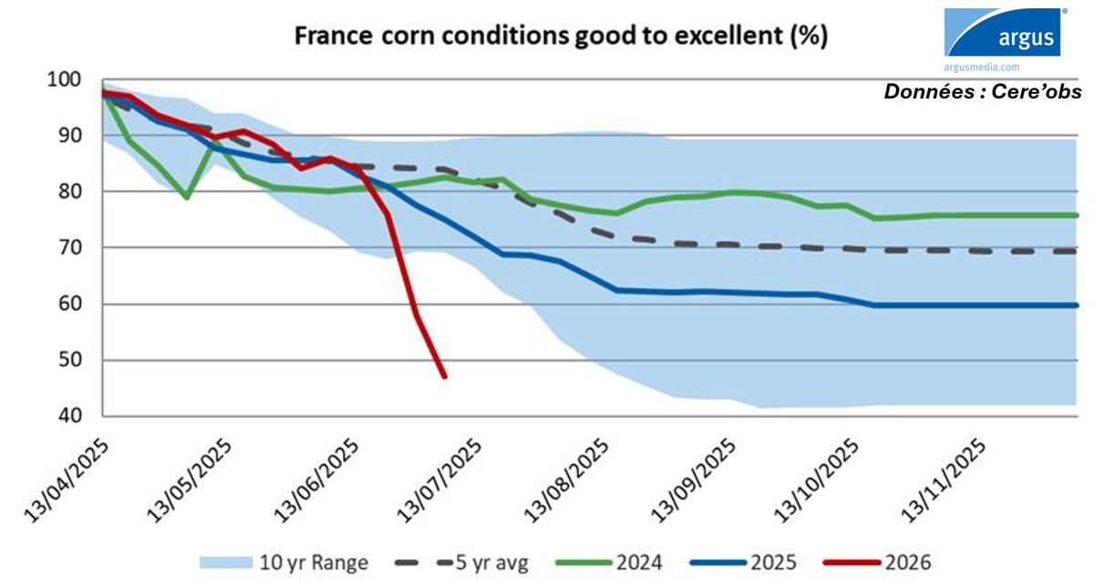 PortierArthur's tweet photo. 🌽Le pourcentage de maïs jugé dans un état bon à excellent chute drastiquement pour s'établir à 47 % selon @FranceAgriMerFR , soit 11 points de moins que la semaine passée. La catastrophe est en marche ! https://t.co/jLoN5cV815