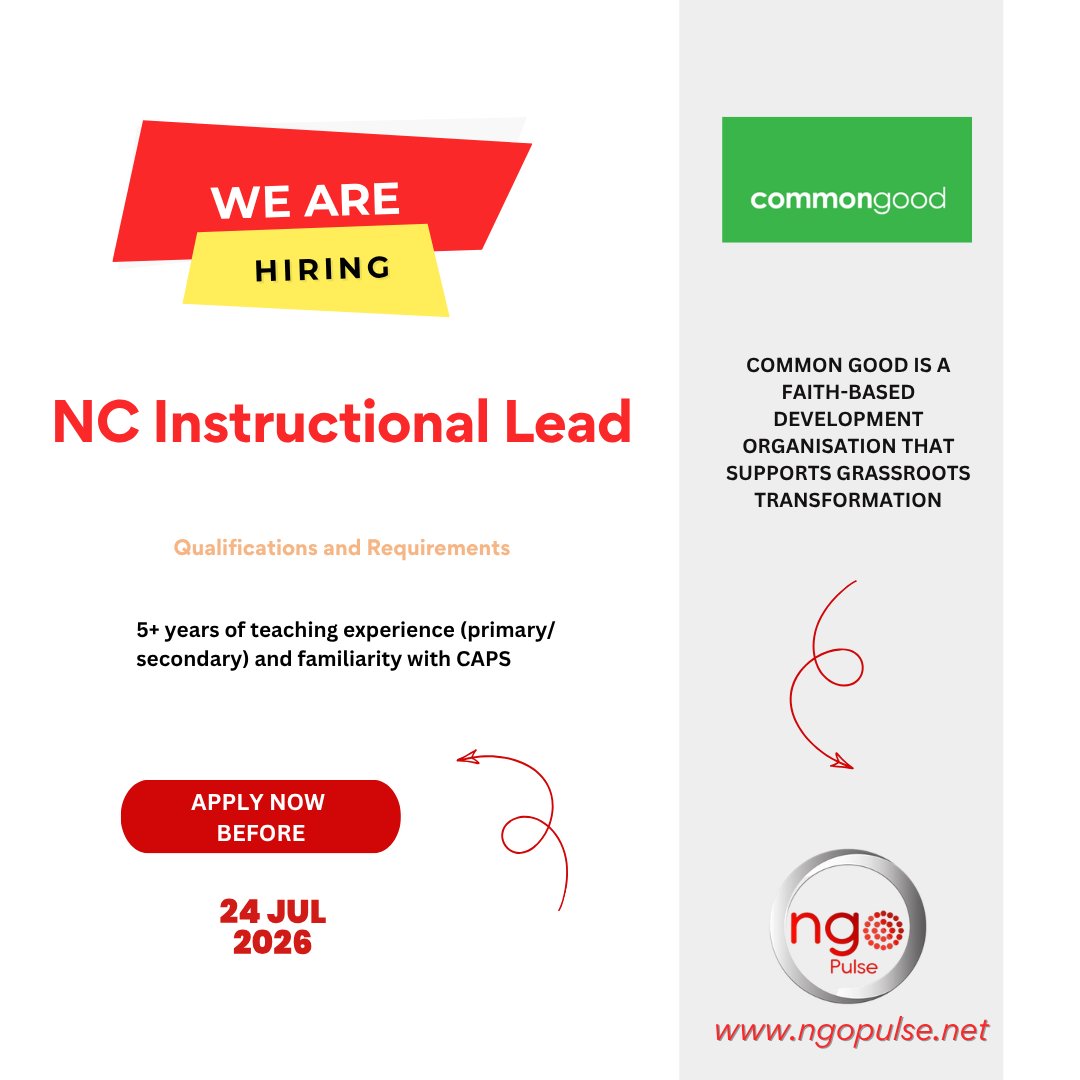 sangonet's tweet photo. EMPLOYMENT ALERT🚨

POSITION: NC Instructional Lead

COMPANY: Common Good

LOCATION: South Africa

APPLICATION LINK: https://t.co/J41QND44rv

APPLY BEFORE: 24 Jul 2026
#opportunity #employment
Follow Sangonet_ channel on WhatsApp
https://t.co/U4geIBSBZo https://t.co/Y1kNjcViE5