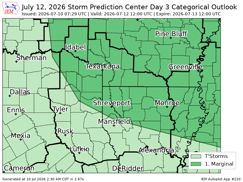 WxGarrison's tweet photo. #SPC issues Day 3 Marginal Convective Risk at Jul 10, 7:29z for SHV https://t.co/JDqmEFMXpw https://t.co/j0fl9yk4aU