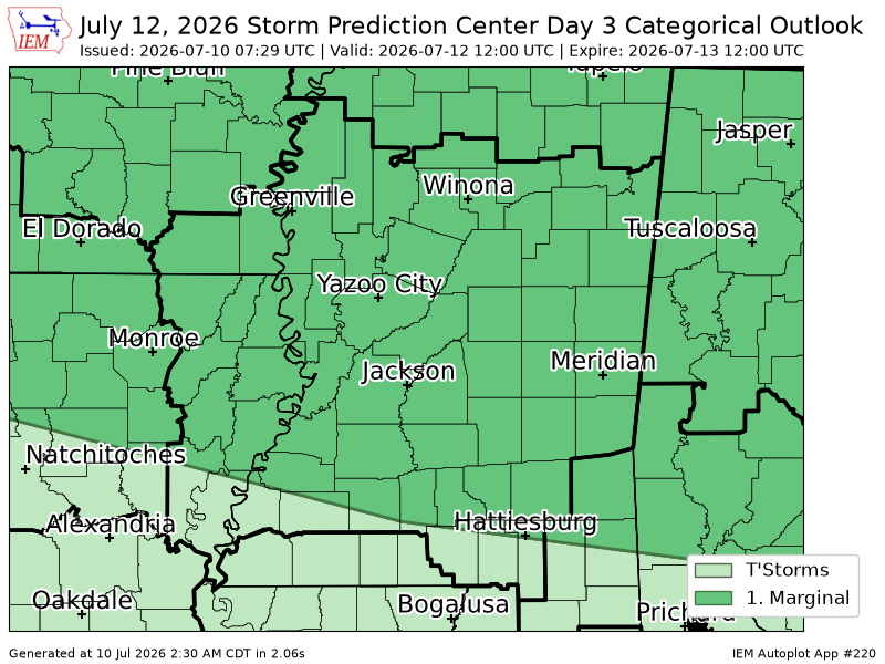 ArkLaMissWX's tweet photo. #SPC issues Day 3 Marginal Convective Risk at Jul 10, 7:29z for JAN https://t.co/UU9bX9mL5a https://t.co/m1LBsM4Ehd