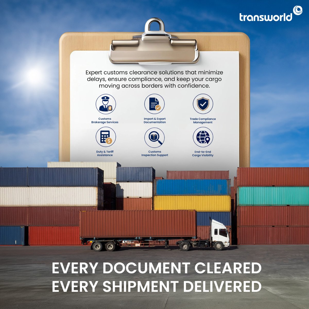 TransworldTweet's tweet photo. Every shipment has a destination. Getting there without delays starts with the right documentation.

From customs brokerage and trade compliance to import documentation and inspection support, Transworld ensures your cargo moves across borders with confidence and efficiency.

Because when every document is in order, every shipment stays on schedule.

Know More - https://t.co/v57FMDg42o

#Transworld #CustomsClearance #GlobalTrade #SupplyChain #FreightForwarding #TradeCompliance #Logistics #ImportExport #CustomsBrokerage #CargoSolutions