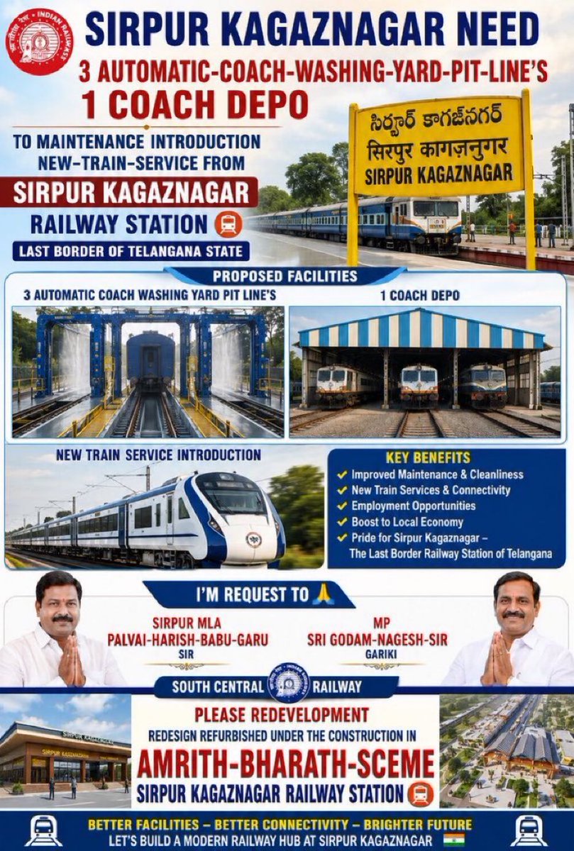 mncl_tweets's tweet photo. Sir, We request the establishment of a PITLINE at SirpurKagaznagar the last border station in Telangana state along the Kazipet–Ballarshah section
@PMOIndia
@AshwiniVaishnaw 
@kishanreddybjp @RailMinIndia 
@gmscrailway @drmsecunderabad @nageshgodam @HarishPalvai
@raghu_verabelli https://t.co/MVbG9gQESC