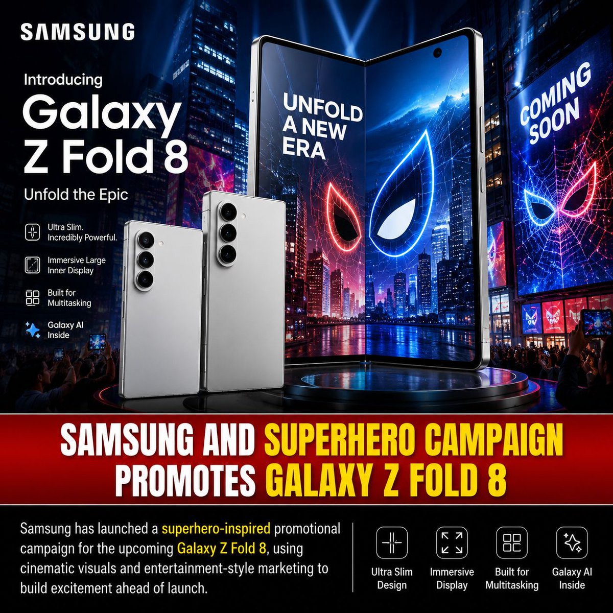 trendtechnext's tweet photo. To promote the Galaxy Z Fold 8, Samsung has partnered with Spider-Man, blending blockbuster entertainment with cutting-edge smartphone technology. The campaign showcases the foldable's premium design while leveraging one of Marvel's most recognizable heroes to capture fans' attention.