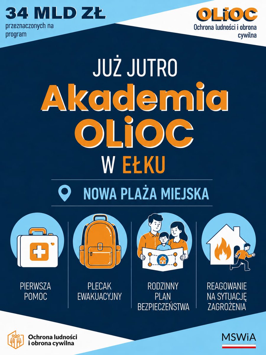 MSWiA_OLiOC_GOV's tweet photo. Już jutro #AkademiaOLiOC w Ełku!🌊☀️

📍W strefie #OLiOC dowiesz się jak bezpiecznie wypoczywać nad wodą, pomóc osobie podtopionej oraz jak zachować się podczas ewakuacji w miejscu wypoczynku.

Będą też pokazy sprzętu ratowniczego i łodzi🚒🚤
Do zobaczenia! 👋
#BezpieczniWWakacje https://t.co/YJ1GG7X35z