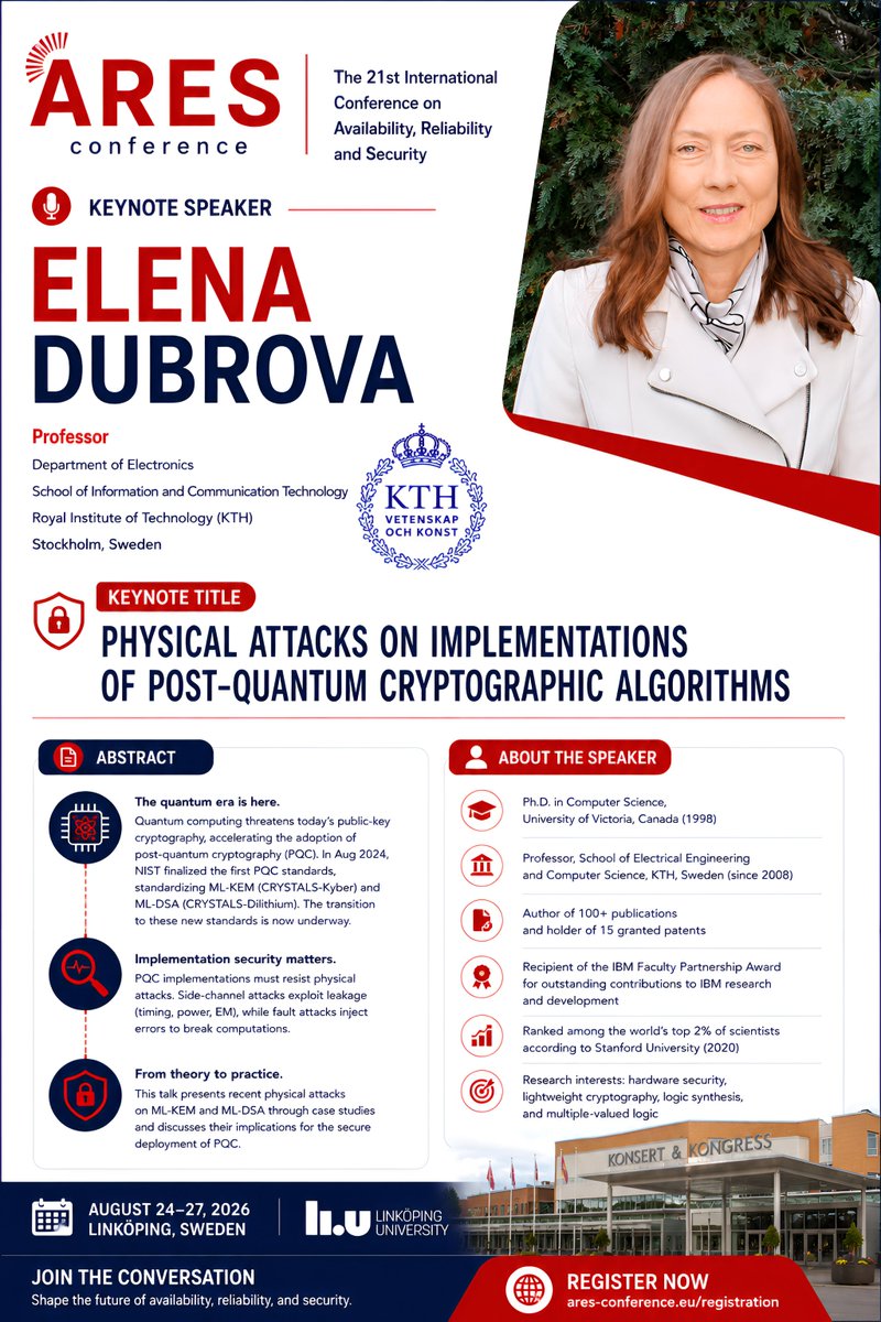 ARES_Conference's tweet photo. 🎤 We are pleased to welcome Prof. Elena Dubrova (KTH Royal Institute of Technology) as a keynote speaker at #ARES2026.

🔐 Physical Attacks on Implementations of Post-Quantum Cryptographic Algorithms

📅 24–27 Aug 2026
📍 Linköping University, Sweden
🔗 https://t.co/aO7efuhnnY https://t.co/jwVSbMTgZQ