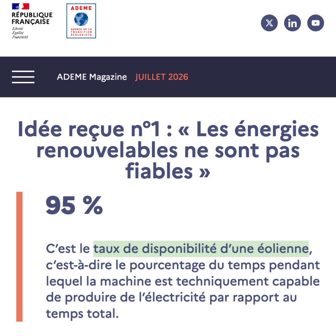 CharbonGaz's tweet photo. L'@ademe suit désormais nos préconisations sur les #EnR et s'exprime en "taux de disponibilité"🌻

C'est le pourcentage de temps où l'éolienne est -techniquement apte à produire de l'électricité- (même si elle n'en produit pas, cela compte, car techniquement elle aurait pu 😉🤝) https://t.co/zaiiSHUgmU