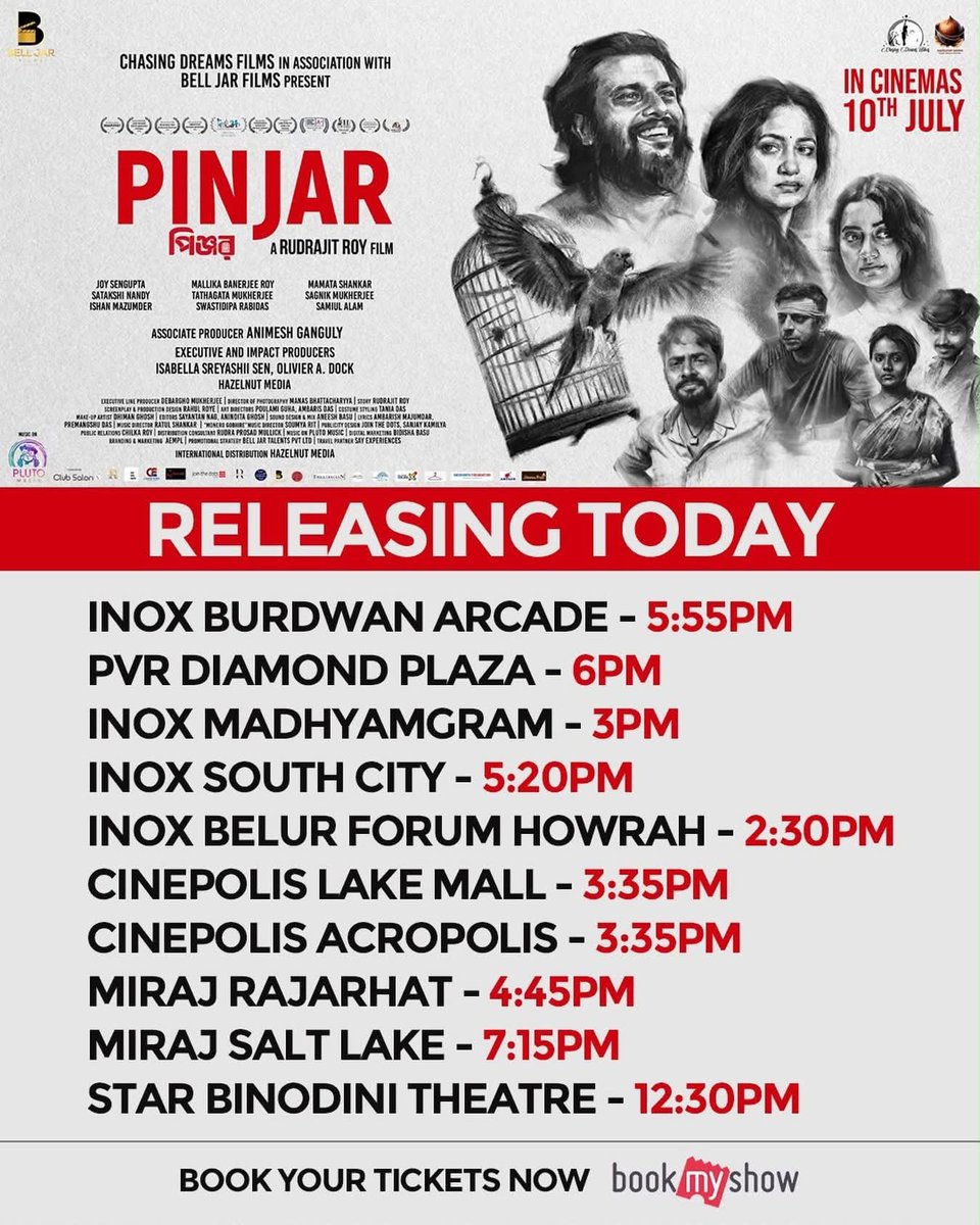 WB_BoxOffice's tweet photo. 'পিঞ্জর' HALL LIST: Team #Pinjar published the opening week #HallList.
⭐️ Film opens at 10 cinemas and 10 shows *today*.
Online Ticket Booking 🔗: https://t.co/e8YdYPsPh6
#JoySengupta #SagnikMukherjee #MallikaBanerjeeRoy #RudrajitRoy #BellJarFilms #LetsBreakFree https://t.co/RM1sn7tTf5