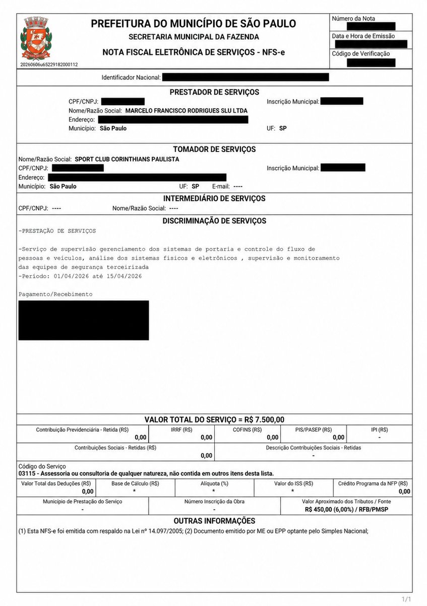 prmalaoficial's tweet photo. ⚠️ INDÍCIOS DE IRREGULARIDADES NA SEGURANÇA DO CORINTHIANS
 
Apresento documentos que demonstram indícios graves:
 
- Um encarregado de segurança emitiu duas notas fiscais no mesmo mês de abril, cada uma de R$ 7.500,00, somando R$ 15.000,00, valor muito superior ao usual para esse cargo.
- Consta que ele exerce atividade armada sem a autorização da Polícia Federal e sem o curso de vigilante obrigatório pela legislação.
- Foi admitido na época pelo então diretor administrativo Fábio Soares, o que levanta suspeitas de atos irregulares e possível esquema de rateio de valores.
 
Essa documentação precisa ser encaminhada à Polícia Federal e à Polícia Militar para apuração. Cabe às autoridades investigar e confirmar a procedência dos fatos.