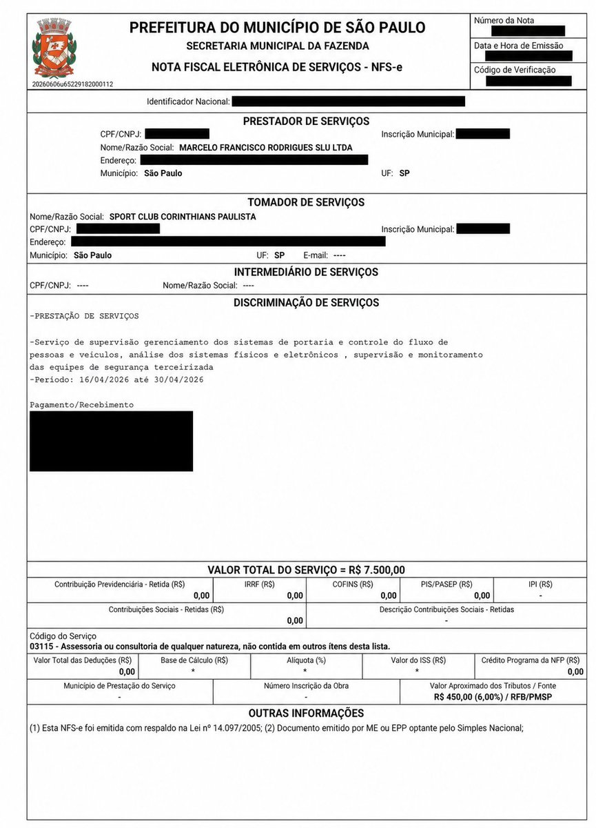 prmalaoficial's tweet photo. ⚠️ INDÍCIOS DE IRREGULARIDADES NA SEGURANÇA DO CORINTHIANS
 
Apresento documentos que demonstram indícios graves:
 
- Um encarregado de segurança emitiu duas notas fiscais no mesmo mês de abril, cada uma de R$ 7.500,00, somando R$ 15.000,00, valor muito superior ao usual para esse cargo.
- Consta que ele exerce atividade armada sem a autorização da Polícia Federal e sem o curso de vigilante obrigatório pela legislação.
- Foi admitido na época pelo então diretor administrativo Fábio Soares, o que levanta suspeitas de atos irregulares e possível esquema de rateio de valores.
 
Essa documentação precisa ser encaminhada à Polícia Federal e à Polícia Militar para apuração. Cabe às autoridades investigar e confirmar a procedência dos fatos.