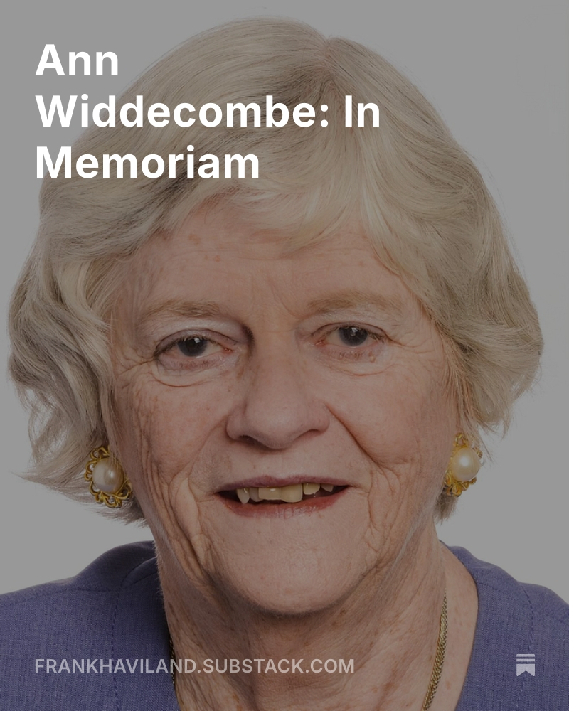 Frankhaviland's tweet photo. “Widdecombe’s combative, no-nonsense, courageous honesty was her hallmark. She was perhaps one of the last great ladies of British public life.” #AnnWiddecombe #RIP  https://t.co/fzaw2Hfrhb https://t.co/Ejhm2f3qDb