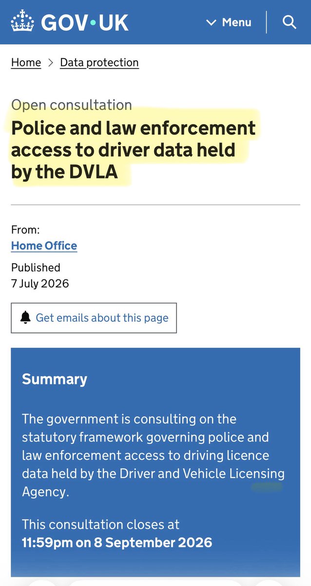 Artemisfornow's tweet photo. 🚨The government seems to be making a habit of burying stuff in the distraction of making Burnham king…

Er … the Home Office has quietly opened a consultation to  repurpose your driving licence as a searchable identity file for the state.

Police access to DVLA data is currently mainly for road traffic issues.

The government wants to extend automated access to all crime! …. AND  “policing purposes”, including cases where no crime is being investigated.

That could include your name, address, date of birth, photograph, signature, convictions and medical information!!!

MPs will only get a yes or no vote on the final regulations. They can’t amend them and this change to your privacy will not get a separate vote.

Sounds a bit like we’re becoming a police state to me 🚨