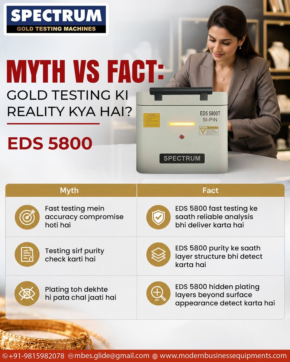 SpectrumXrf's tweet photo. Gold testing ki reality kya hai? Let’s bust some common myths! 🔍✨
Don’t let misconceptions affect your jewelry business—the Spectrum EDS 5800 delivers speed without compromising on accuracy.
🌐 https://t.co/cr1tbelB3f
#SpectrumGoldTesting #EDS5800 #GoldTestingMachine https://t.co/wsjTQNjDvQ