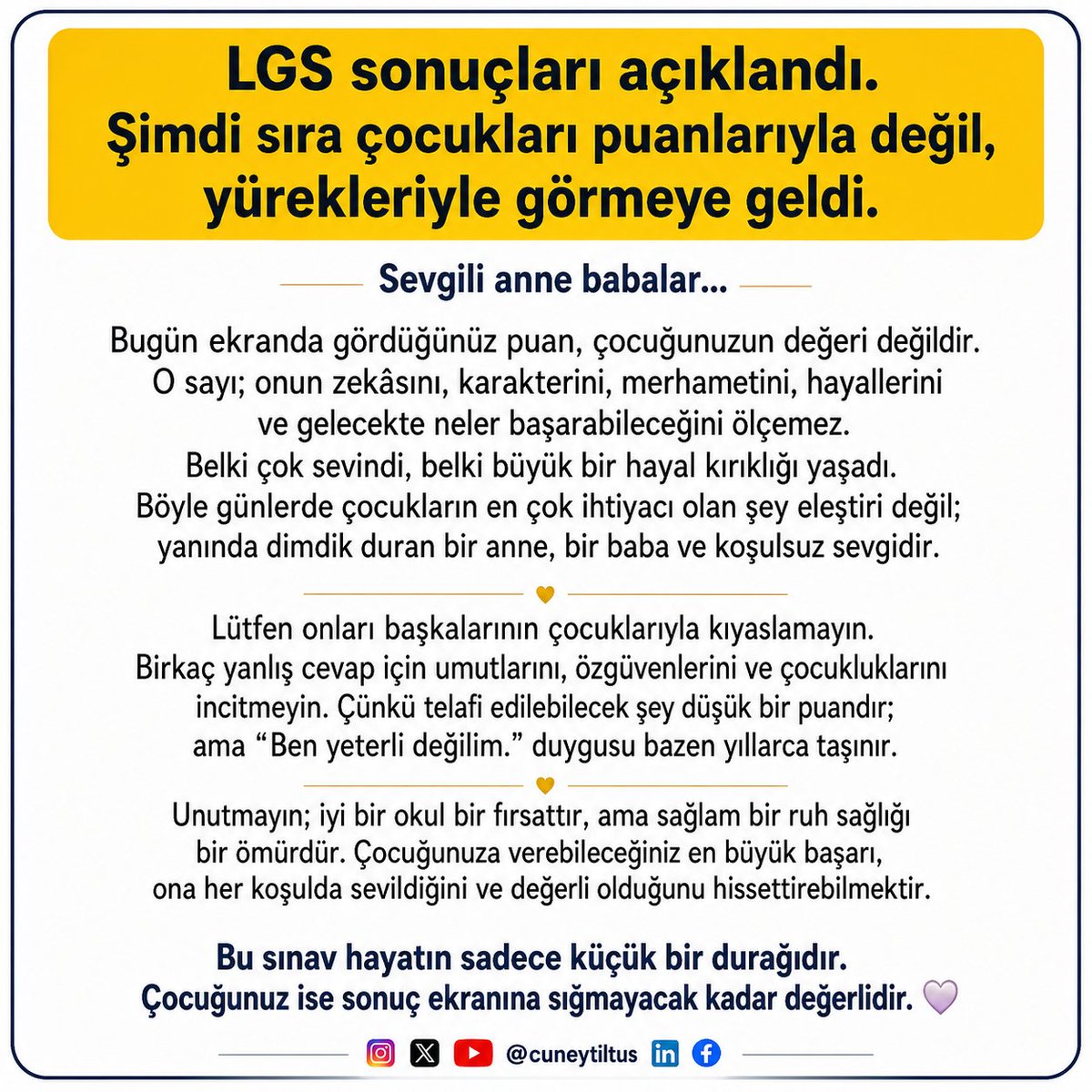 cuneytiltus's tweet photo. Bugün çocuğunuzun hafızasında puanından çok, sizin yüz ifadeniz kalacak. #LGS #LGS2026 #LGSsonuç https://t.co/Uuwg0ZhxjE