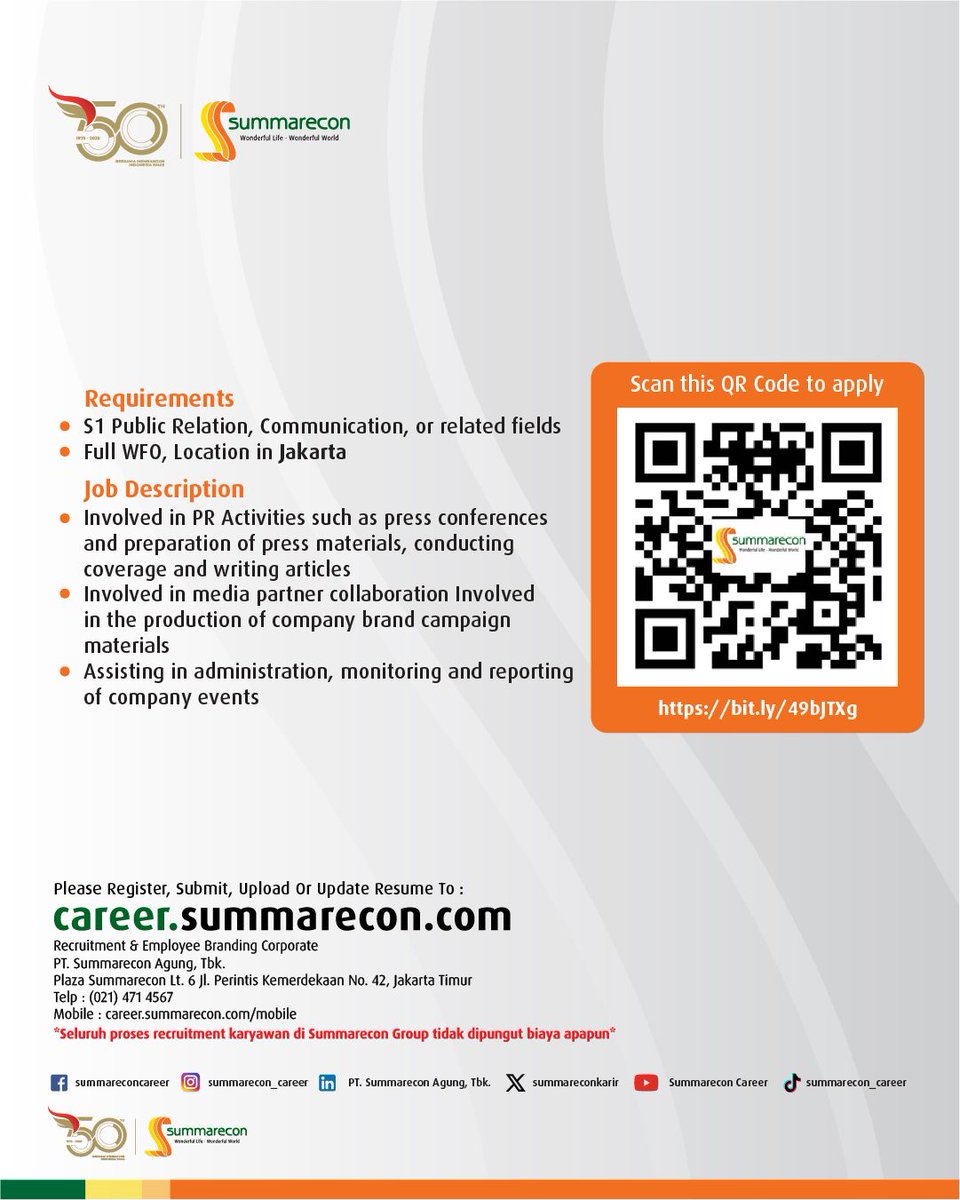 summareconkarir's tweet photo. WE'RE HIRING! - INTERNSHIP - PUBLIC RELATION
Interested in applying? do visit this link: https://t.co/veKFkeqaC0
For more information, please check our website on https://t.co/wL1PCjR16J
Apply now and wish you the best of luck!
#seeyouatsummarecon #summarecon https://t.co/svkywWWnEj