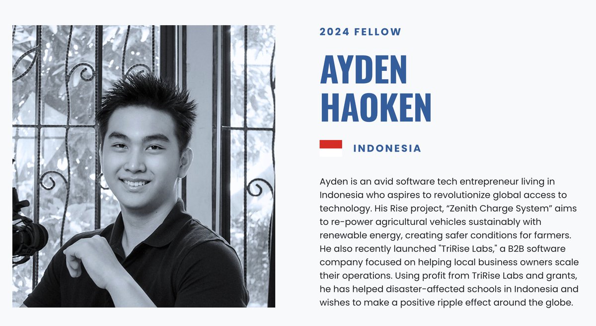 insidefolkative's tweet photo. Selain menorehkan berbagai prestasi akademik lewat kompetisi robotika internasional sejak SD, Ayden juga membangun dampak nyata melalui inovasi. Ia mengembangkan Zenith Charge System, sistem pengisian kendaraan pertanian bertenaga surya untuk wilayah dengan akses energi terbatas, yang mengantarkannya menjadi Rise Global Winner 2024. 

Kini, Ayden mendirikan startup Vertasier dan TriRise Labs untuk mengembangkan solusi berbasis data sekaligus mendukung program pendidikan bagi sekolah-sekolah terdampak bencana di Indonesia.