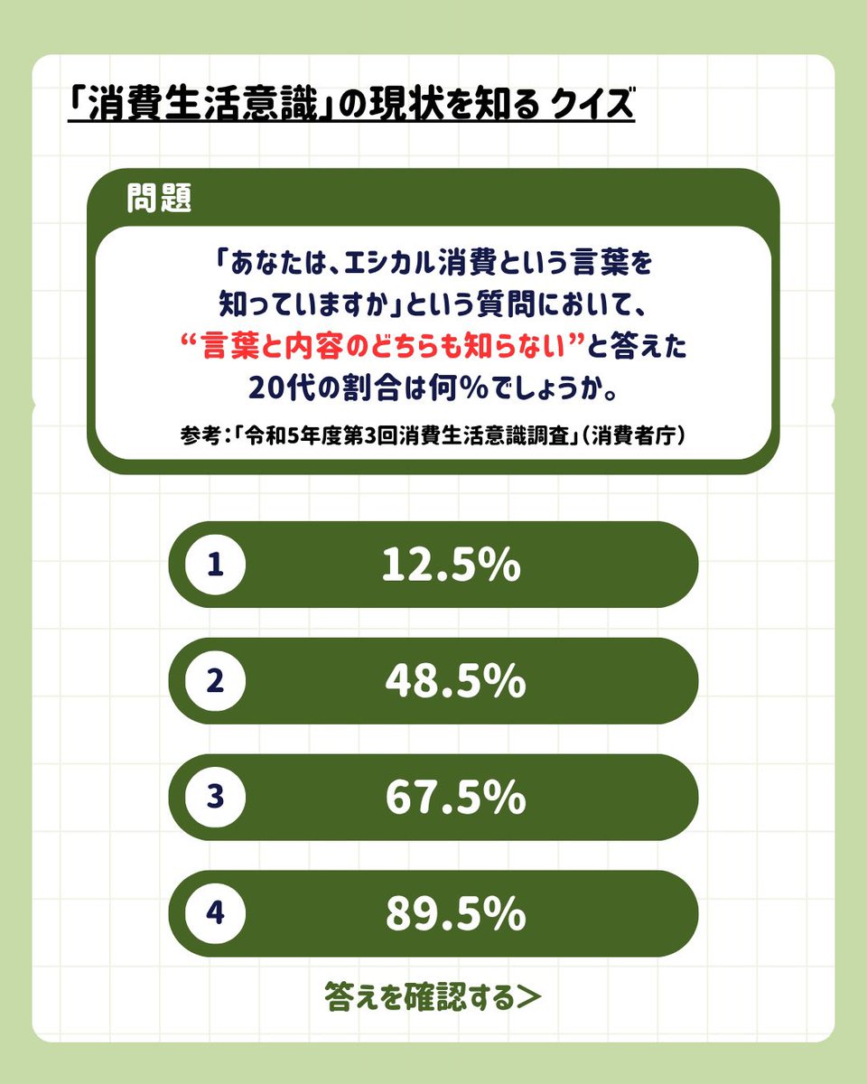 keijinara's tweet photo. 🛒消費者教育タスクチーム🌱

6月に第2回チーム会議が行われました！
今回は会議で行った「エシカル消費クイズ」についてご紹介💡

クイズを通じて、社会の現状を知ったり、日常にあふれるエシカル消費について考えたりすることができました！

正解はツリーをチェック✅

#消費者教育タスクチーム https://t.co/HEaV89xTSw