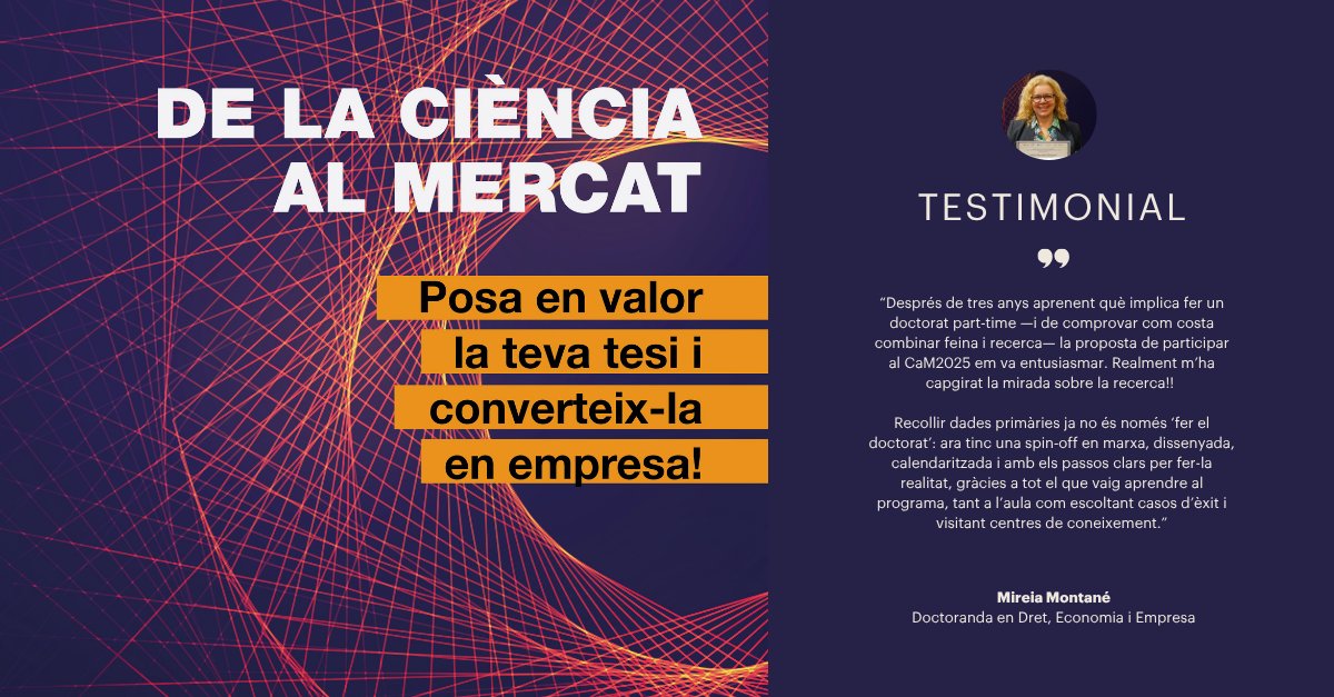 UVic_PhD's tweet photo. 🔬 Vols portar la teva recerca més enllà del laboratori?

Inscriu-te a “De la ciència al mercat”
🎓 100 h de formació + mentories

Inscripcions: https://t.co/yJEXzsgAOk
+ info: https://t.co/kMA6UtYuUb https://t.co/yoTs3Oez5s
