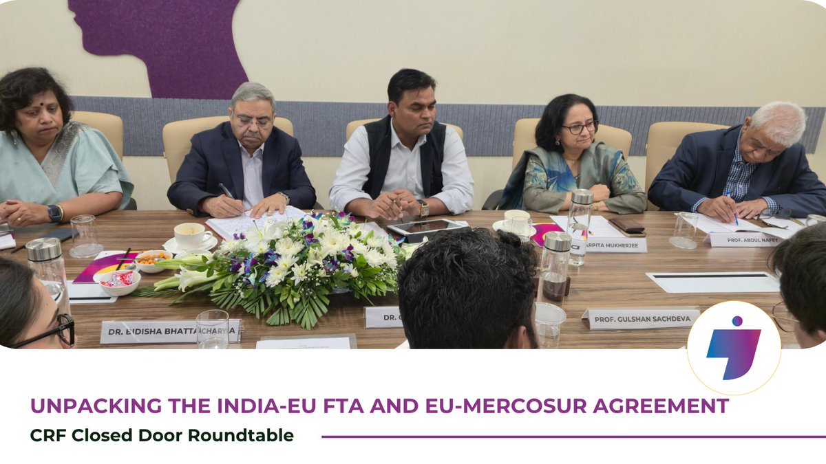 ChintanResearch's tweet photo. #ClosedDoorRoundtable | Unpacking the India-EU FTA & EU-Mercosur Agreement
As negotiations reshape the #GlobalTrade landscape, what do the #IndiaEU Free Trade Agreement and the #EUMercosur Agreement mean for agriculture, market access, and the future of international economic partnerships?
The discussion explored key questions, including:
• How could the #IndiaEUFTA impact Indian farmers, particularly in sensitive agricultural sectors?
• Beyond market access, what emerging areas of India-EU cooperation are taking shape, and where do critical gaps remain?
• With safeguard measures in place, how long can the #EU balance trade liberalisation with protection for its domestic producers? Is this approach sustainable?
• How does the EU-Mercosur Agreement affect European farmers, and what has been their response?
• Are current policy interventions merely short-term relief, or could they shape the long-term future of the EU-Mercosur Agreement?
• How is the #EuropeanUnion navigating these political and economic pressures?
• How will geopolitical shifts and evolving global power dynamics influence the trajectory and outcomes of the India-EU #FTA and the EU-Mercosur Agreement?
@asajjanhar | @gsachdevajnu | @dhananjayjnu | @profarpita1 | @Bidishabh | @BhogalRavneet
#CRFRoundtable #TradePolicy #FreeTradeAgreements #Geopolitics #InternationalTrade #PolicyDialogue #ChintanResearchFoundation