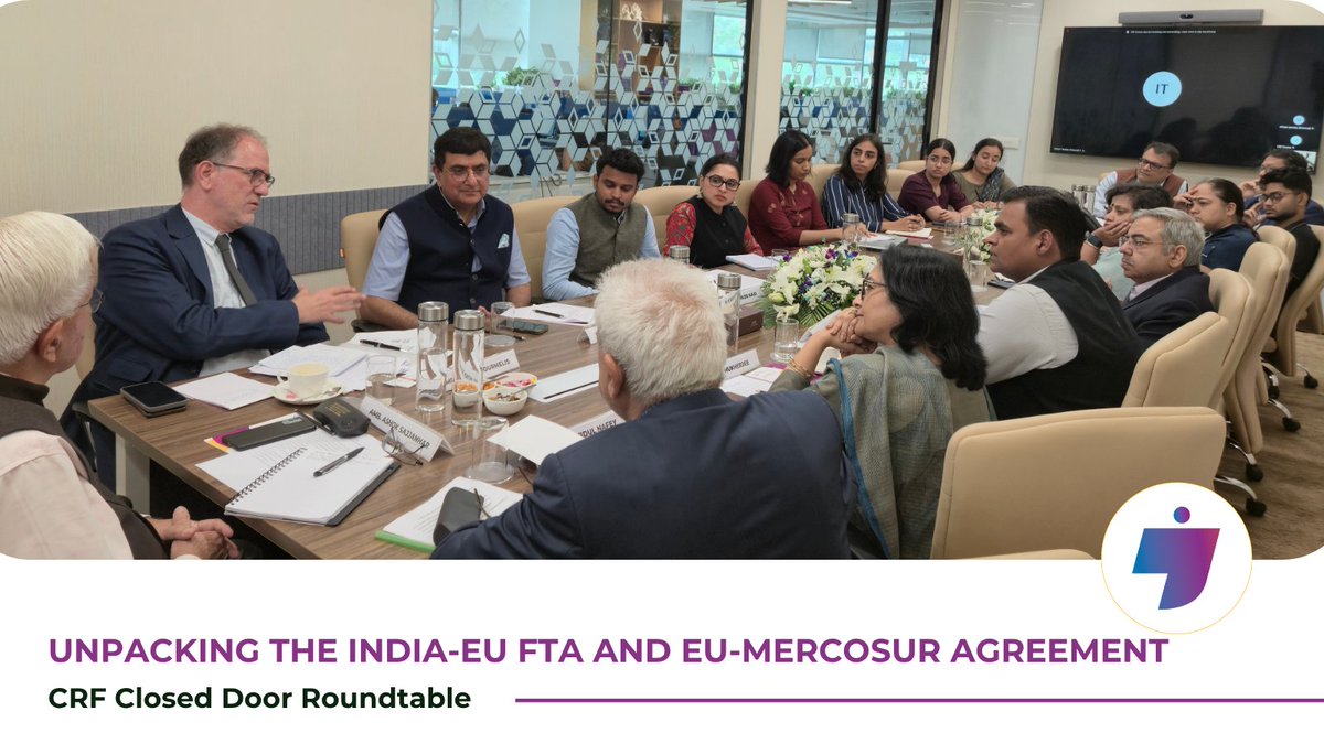 ChintanResearch's tweet photo. #ClosedDoorRoundtable | Unpacking the India-EU FTA & EU-Mercosur Agreement
As negotiations reshape the #GlobalTrade landscape, what do the #IndiaEU Free Trade Agreement and the #EUMercosur Agreement mean for agriculture, market access, and the future of international economic partnerships?
The discussion explored key questions, including:
• How could the #IndiaEUFTA impact Indian farmers, particularly in sensitive agricultural sectors?
• Beyond market access, what emerging areas of India-EU cooperation are taking shape, and where do critical gaps remain?
• With safeguard measures in place, how long can the #EU balance trade liberalisation with protection for its domestic producers? Is this approach sustainable?
• How does the EU-Mercosur Agreement affect European farmers, and what has been their response?
• Are current policy interventions merely short-term relief, or could they shape the long-term future of the EU-Mercosur Agreement?
• How is the #EuropeanUnion navigating these political and economic pressures?
• How will geopolitical shifts and evolving global power dynamics influence the trajectory and outcomes of the India-EU #FTA and the EU-Mercosur Agreement?
@asajjanhar | @gsachdevajnu | @dhananjayjnu | @profarpita1 | @Bidishabh | @BhogalRavneet
#CRFRoundtable #TradePolicy #FreeTradeAgreements #Geopolitics #InternationalTrade #PolicyDialogue #ChintanResearchFoundation