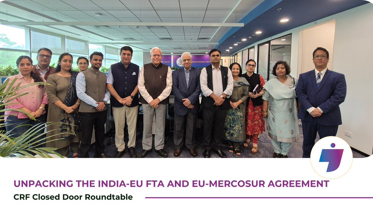 ChintanResearch's tweet photo. #ClosedDoorRoundtable | Unpacking the India-EU FTA & EU-Mercosur Agreement
As negotiations reshape the #GlobalTrade landscape, what do the #IndiaEU Free Trade Agreement and the #EUMercosur Agreement mean for agriculture, market access, and the future of international economic partnerships?
The discussion explored key questions, including:
• How could the #IndiaEUFTA impact Indian farmers, particularly in sensitive agricultural sectors?
• Beyond market access, what emerging areas of India-EU cooperation are taking shape, and where do critical gaps remain?
• With safeguard measures in place, how long can the #EU balance trade liberalisation with protection for its domestic producers? Is this approach sustainable?
• How does the EU-Mercosur Agreement affect European farmers, and what has been their response?
• Are current policy interventions merely short-term relief, or could they shape the long-term future of the EU-Mercosur Agreement?
• How is the #EuropeanUnion navigating these political and economic pressures?
• How will geopolitical shifts and evolving global power dynamics influence the trajectory and outcomes of the India-EU #FTA and the EU-Mercosur Agreement?
@asajjanhar | @gsachdevajnu | @dhananjayjnu | @profarpita1 | @Bidishabh | @BhogalRavneet
#CRFRoundtable #TradePolicy #FreeTradeAgreements #Geopolitics #InternationalTrade #PolicyDialogue #ChintanResearchFoundation
