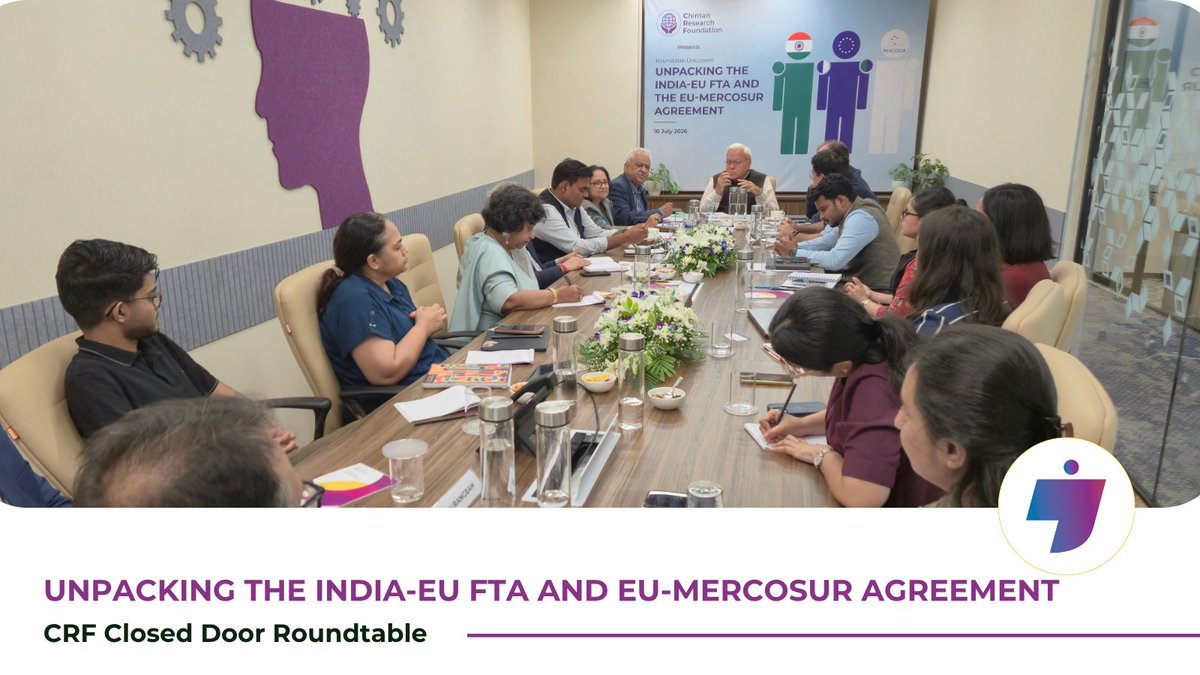 ChintanResearch's tweet photo. #ClosedDoorRoundtable | Unpacking the India-EU FTA & EU-Mercosur Agreement
As negotiations reshape the #GlobalTrade landscape, what do the #IndiaEU Free Trade Agreement and the #EUMercosur Agreement mean for agriculture, market access, and the future of international economic partnerships?
The discussion explored key questions, including:
• How could the #IndiaEUFTA impact Indian farmers, particularly in sensitive agricultural sectors?
• Beyond market access, what emerging areas of India-EU cooperation are taking shape, and where do critical gaps remain?
• With safeguard measures in place, how long can the #EU balance trade liberalisation with protection for its domestic producers? Is this approach sustainable?
• How does the EU-Mercosur Agreement affect European farmers, and what has been their response?
• Are current policy interventions merely short-term relief, or could they shape the long-term future of the EU-Mercosur Agreement?
• How is the #EuropeanUnion navigating these political and economic pressures?
• How will geopolitical shifts and evolving global power dynamics influence the trajectory and outcomes of the India-EU #FTA and the EU-Mercosur Agreement?
@asajjanhar | @gsachdevajnu | @dhananjayjnu | @profarpita1 | @Bidishabh | @BhogalRavneet
#CRFRoundtable #TradePolicy #FreeTradeAgreements #Geopolitics #InternationalTrade #PolicyDialogue #ChintanResearchFoundation