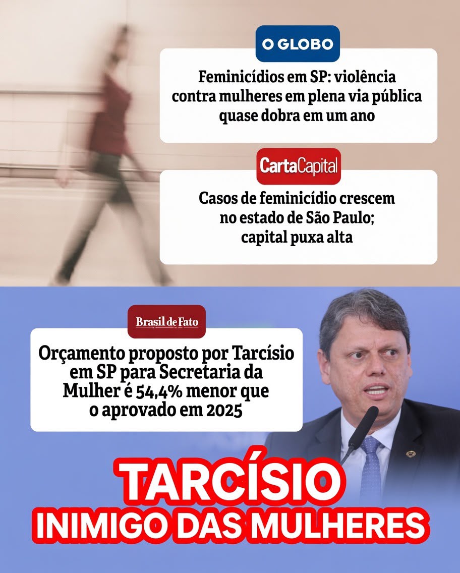 JaqueVenturini1's tweet photo. TARCÍSIO INIMIGO DAS MULHERES odeia as mulheres, além de atacar Marina Silva e Simone Tabet ainda cortou verbas e não prioriza políticas de enfrentamento a violência contra as mulheres, ainda mais quando São Paulo bate recorde de feminicídio. Um absurdo! https://t.co/Ty7OZ29x2t