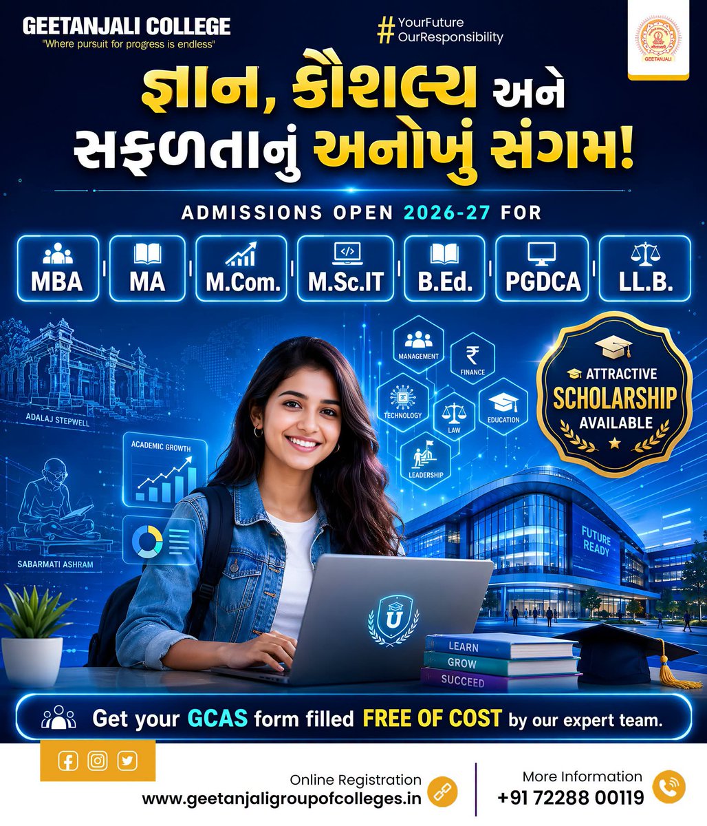 geet_college's tweet photo. 📚 જ્ઞાન, કૌશલ્ય અને સફળતાનું અનોખું સંગમ!
Take the next step t
#GeetanjaliCollege #Admissions2026 #GCAS #MBA #MCom #MA #MScIT #BEd #PGDCA #LLB #Scholarship #HigherEducation #CareerGrowth #StudyInGujarat #AdmissionsOpen #FutureReady #CollegeAdmissions #EducationMatters https://t.co/FxqERQfj81