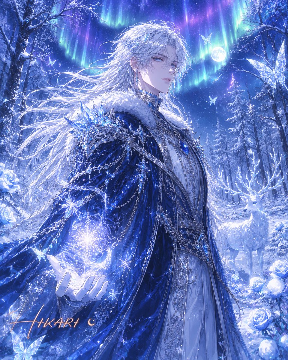 HikariCale's tweet photo. ❄️ Where winter bows, a legend rises. 
The Ice Prince walks through silence with a heart as unshakable as the frozen kingdom he protects. Every step leaves behind a trail of frost, hope, and timeless elegance. ✨

#AIArt #FantasyArt #ManhwaStyle #IcePrince #DigitalArt https://t.co/3j3VHNq4ZJ
