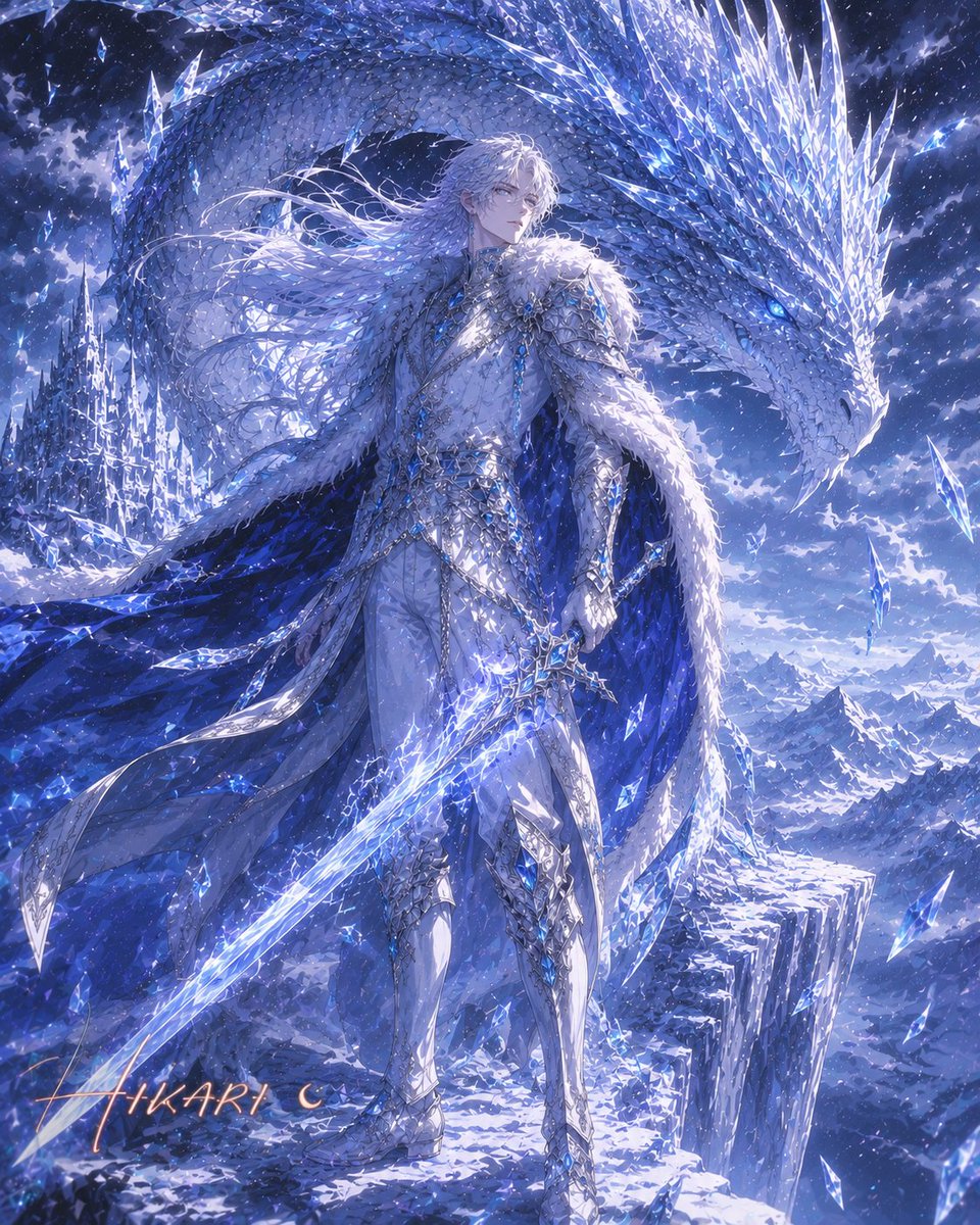 HikariCale's tweet photo. ❄️ Where winter bows, a legend rises. 
The Ice Prince walks through silence with a heart as unshakable as the frozen kingdom he protects. Every step leaves behind a trail of frost, hope, and timeless elegance. ✨

#AIArt #FantasyArt #ManhwaStyle #IcePrince #DigitalArt https://t.co/3j3VHNq4ZJ