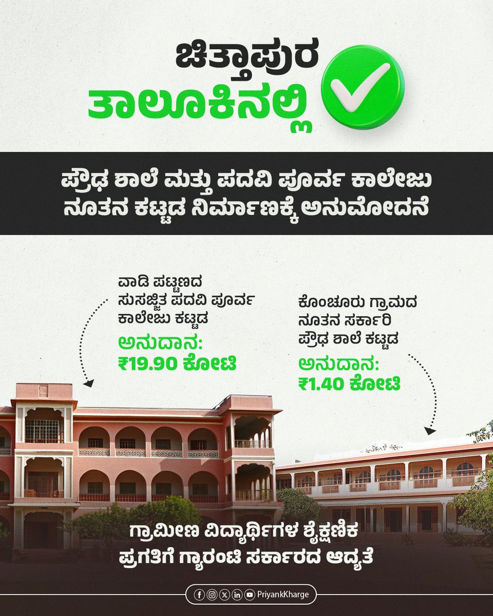 PriyankKharge's tweet photo. ಶಿಕ್ಷಣ ಎಂಬುದು ಕೇವಲ ಅಕ್ಷರ ಕಲಿಯುವುದಲ್ಲ, ಅದು ಜೀವನವನ್ನು ರೂಪಿಸುವ ಶಕ್ತಿ. ಅದು ಪ್ರತಿಯೊಂದು ಮಗುವಿನ ಬದುಕನ್ನು ಬದಲಿಸುವ ಮಹಾನ್ ಶಕ್ತಿ. ನಾನಾ ಕಾರಣಗಳಿಂದ ಮಕ್ಕಳು ಶಿಕ್ಷಣದಿಂದ ವಂಚಿತರಾಗುವುದು, ನಮ್ಮ ದೇಶದ ಭವಿಷ್ಯ ರೂಪಿಸುವ ಅಮೂಲ್ಯ ಸಂಪನ್ಮೂಲಗಳನ್ನು ನಾವು ಕಳೆದುಕೊಂಡಂತೆ.

ವಾಡಿ ಪಟ್ಟಣದಲ್ಲಿ ಸುಸಜ್ಜಿತ ಪದವಿ ಪೂರ್ವ ಕಾಲೇಜು ಹಾಗೂ ಕೊಂಚೂರು ಗ್ರಾಮದಲ್ಲಿ ಸರ್ಕಾರಿ ಪ್ರೌಢ ಶಾಲೆ ನೂತನ ಕಟ್ಟಡಗಳ  ನಿರ್ಮಾಣಕ್ಕೆ  KKRDB ಮತ್ತು ಲೋಕೋಪಯೋಗಿ ಇಲಾಖೆ ವತಿಯಿಂದ ಅನುದಾನ ಮಂಜೂರು ಆಗಿದೆ.

ವಾಡಿ ಪಟ್ಟಣದಲ್ಲಿ ನೂತನ ಪಿಯು ಕಾಲೇಜು ನಿರ್ಮಾಣದ ಬೇಡಿಕೆಯನ್ನು ಈಗಾಗಲೇ ಪೂರೈಸಲಾಗಿತ್ತು ಇದೀಗ ಪದವಿ ಪೂರ್ವ ಕಾಲೇಜು ನಿರ್ಮಾಣಕ್ಕೆ ₹19.90 ಕೋಟಿ ಅನುದಾನವನ್ನು ಬಿಡುಗಡೆ ಮಾಡಲಾಗಿದೆ. ಪಟ್ಟಣದ ಹೊರವಲಯದ ನ್ಯೂ ಟೌನ್ ಪ್ರದೇಶದಲ್ಲಿ  2ಎಕರೆ ವಿಸ್ತೀರ್ಣದಲ್ಲಿ ಈ ಕಾಲೇಜು ತಲೆ ಎತ್ತಲಿದ್ದು ಸುತ್ತಮುತ್ತಲಿನ ಹತ್ತಾರು ಗ್ರಾಮೀಣ ವಿದ್ಯಾರ್ಥಿಗಳಿಗೆ ಅನುಕೂಲವಾಗಲಿದೆ. ಕಾಮಗಾರಿಯನ್ನು ಕೂಡಲೇ ಪ್ರಾರಂಭಿಸಿ ಮುಂದಿನ ಶೈಕ್ಷಣಿಕ ವರ್ಷದಲ್ಲಿ ತರಗತಿಗಳು ಪ್ರಾರಂಭವಾಗಲಿವೆ. 

ಕೊಂಚೂರು ಗ್ರಾಮದಲ್ಲಿ ಈಗಾಗಲೇ ಸರ್ಕಾರಿ ಹಿರಿಯ ಪ್ರಾಥಮಿಕ ಶಾಲೆ ಇದ್ದು ಈ ಹಿಂದೆ ಪ್ರೌಢ ಶಾಲೆಯನ್ನು ಮಂಜೂರು ಮಾಡಿ ಪ್ರಾಥಮಿಕ ಶಾಲೆಯನ್ನು ಮೇಲ್ದರ್ಜೆಗೆ ಏರಿಸಲಾಗಿತ್ತು. ಇದರಿಂದ ಕಡಬೂರು, ಬಳವಡಗಿ, ಕೊಂಚೂರು, ಡಿಗ್ಗಿ ತಾಂಡಾ ಮಕ್ಕಳಿಗೆ ಅನುಕೂಲವಾಗಿತ್ತು. ಈ ಪ್ರೌಢ ಶಾಲೆ ನಿರ್ಮಾಣಕ್ಕೆ ನೂತನ ಕಟ್ಟಡದ ಅವಶ್ಯಕತೆ ಇದ್ದು ಸುಮಾರು  6 ಎಕರೆ ಪ್ರದೇಶದಲ್ಲಿ ₹1.40ಕೋಟಿ ಅನುದಾನದಲ್ಲಿ ನಿರ್ಮಾಣಗೊಳ್ಳಲಿದೆ. ಅದಕ್ಕಾಗಿ ಲೋಕೋಪಯೋಗಿ ಇಲಾಖೆ ಮತ್ತು ಭೂಸೇನಾ ನಿಗಮಗಳು ಕೈಜೋಡಿಸಿವೆ.  ವಿಶೇಷವಾಗಿ ಈ ಶಾಲೆಯಲ್ಲಿ ಪ್ರಸ್ತಕ ವರ್ಷ SSLC ಪರೀಕ್ಷೆಯಲ್ಲಿ 100%  ಫಲಿತಾಂಶವು ದಾಖಲಿಸುವಲ್ಲಿ ಸಫಲವಾಗಿದೆ. 

ಇದರೊಂದಿಗೆ ಕೊಂಚೂರು ಗ್ರಾಮದ ಸರ್ಕಾರಿ ಹಿರಿಯ ಪ್ರಾಥಮಿಕ ಶಾಲೆ ಕಟ್ಟಡ ನವೀಕರಣಕ್ಕೆ ಪಂಚಾಯತ್ ರಾಜ್ ಇಲಾಖೆಯಡಿ ₹1.32 ಕೋಟಿ ಅನುದಾನವನ್ನು ಬಿಡುಗಡೆ ಮಾಡಲಾಗಿದ್ದು ಕೂಡಲೇ ಕಾಮಗಾರಿಯ ಕೆಲಸ ಪ್ರಾರಂಭವಾಗಲಿದೆ.

ಪ್ರತಿಯೊಂದು ಹಳ್ಳಿಯ ಎಲ್ಲ ವಿದ್ಯಾರ್ಥಿಗಳಿಗೂ ಉನ್ನತ ಶಿಕ್ಷಣ ಸಿಗಬೇಕು, ಅವರ ಕನಸುಗಳಿಗೆ ಹೊಸ ರೆಕ್ಕೆಗಳು ಬರಬೇಕು. ಅದಕ್ಕೆ ಪೂರಕವಾದ ಸವಲತ್ತು ಮತ್ತು ವಾತಾವರಣ ನಿರ್ಮಿಸಿಕೊಡಲು ಗ್ಯಾರಂಟಿ ಸರ್ಕಾರ ಬದ್ಧವಾಗಿದೆ